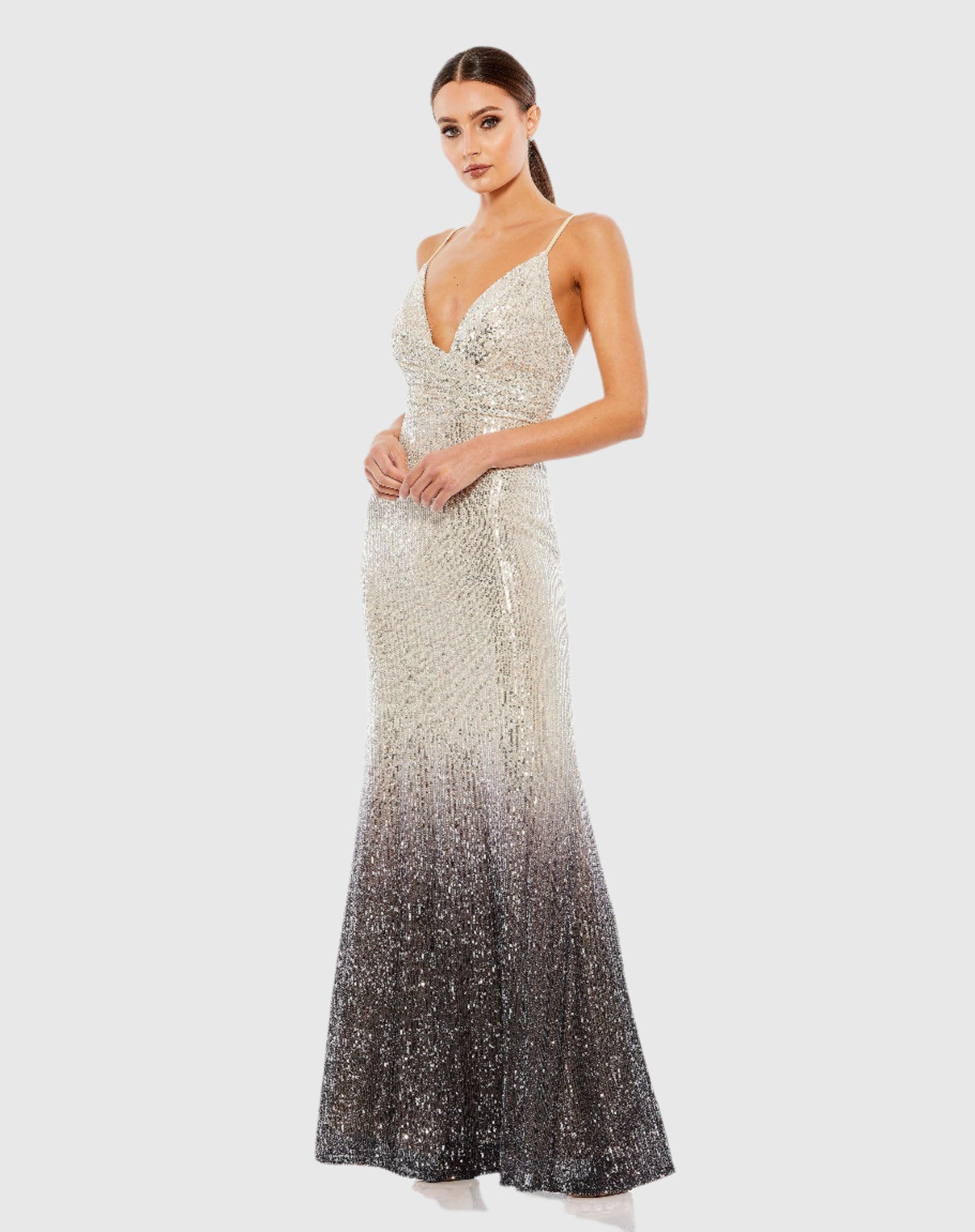 Plunge Neck Ombre Sequin Gown