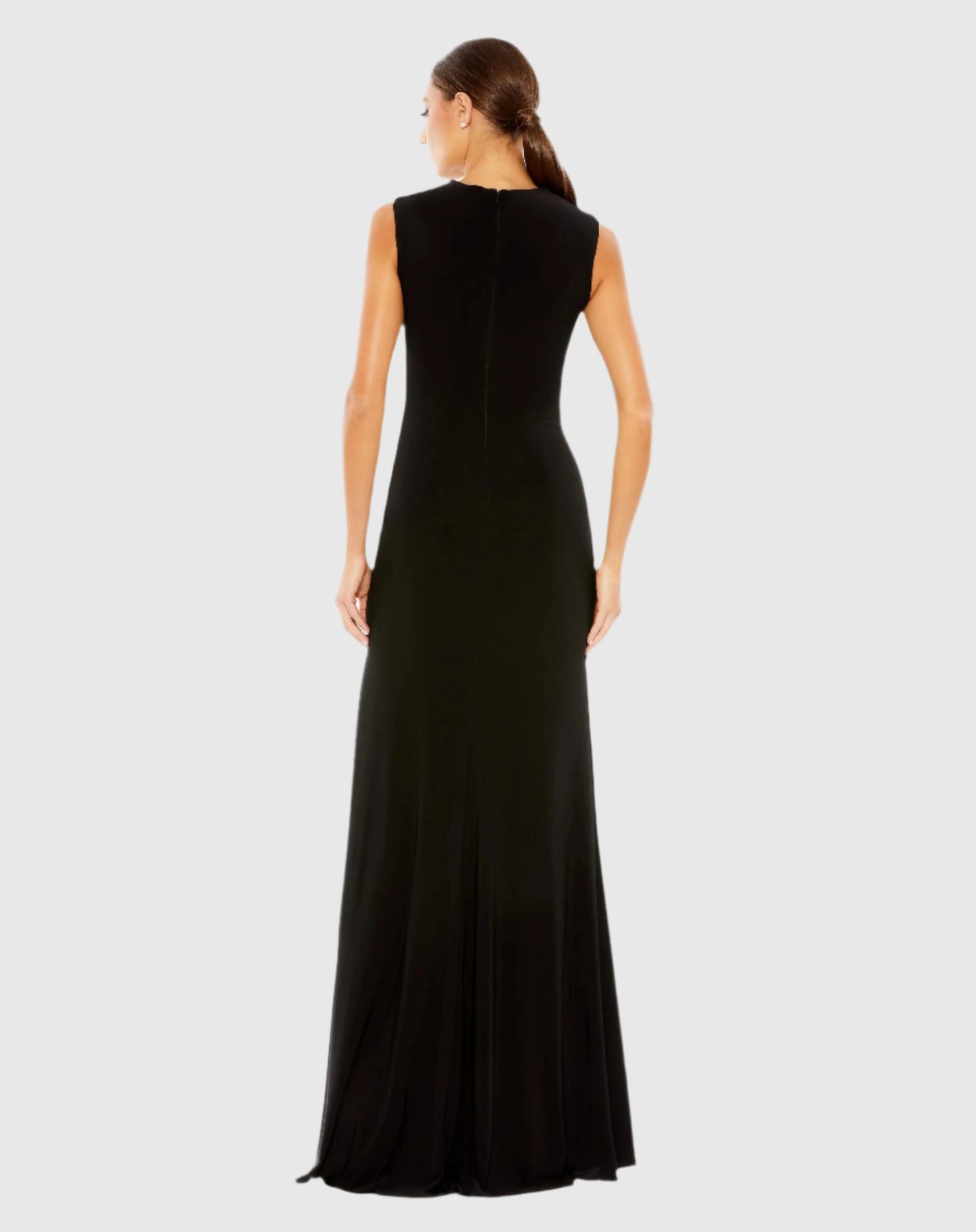 Draped Side Knot Jersey Gown w/ Rhinestone Ring