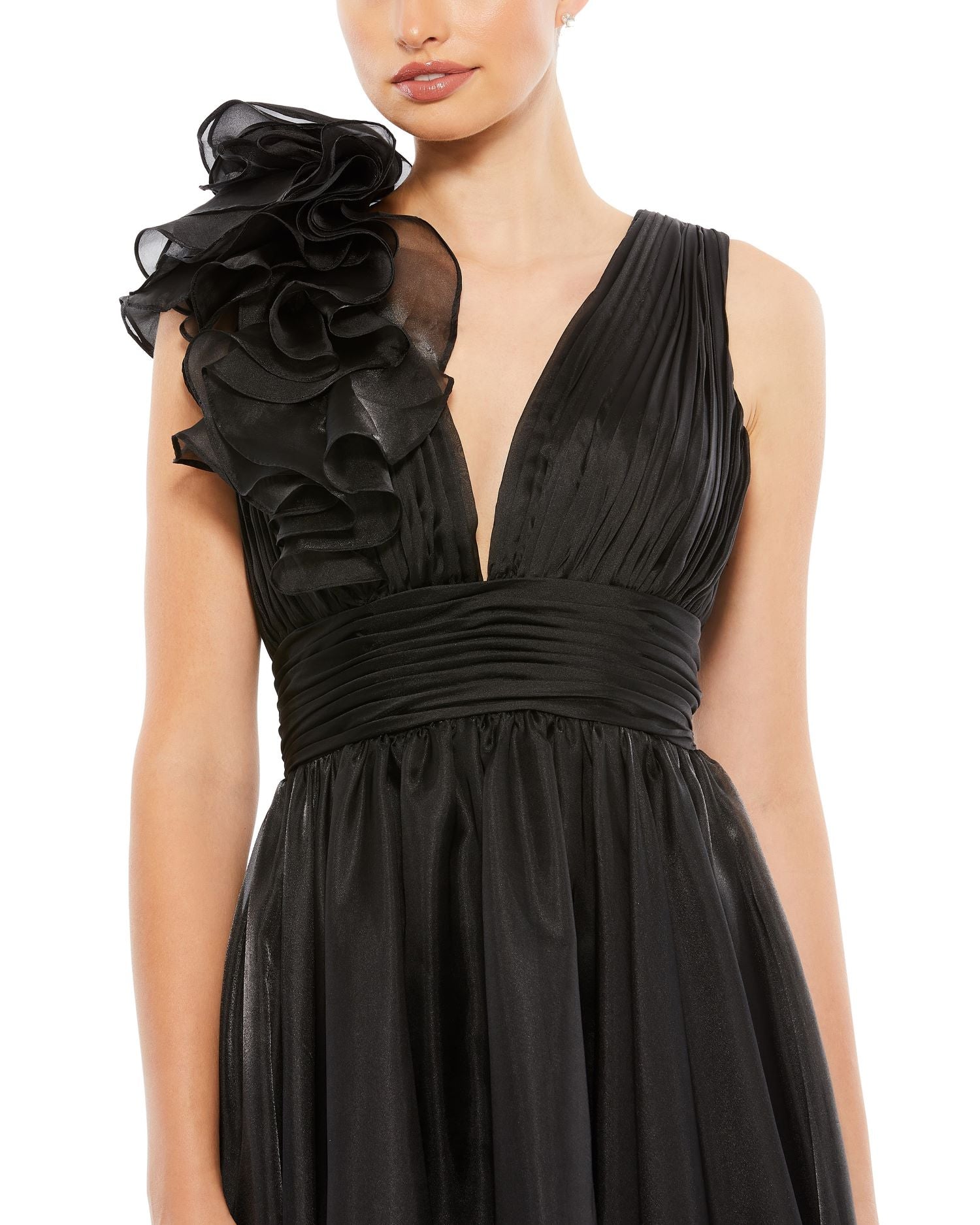 Plunging Ruffled A-Line Cocktail Dress
