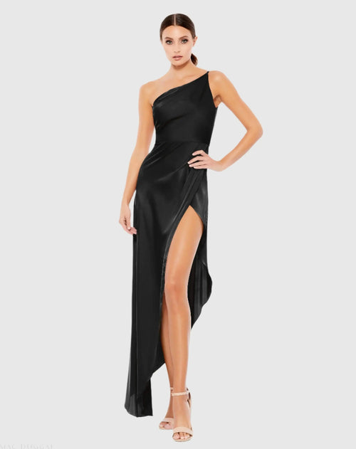 Black One Shoulder Hi-Low Draped Charmeuse Dress - Ieena for Mac Duggal