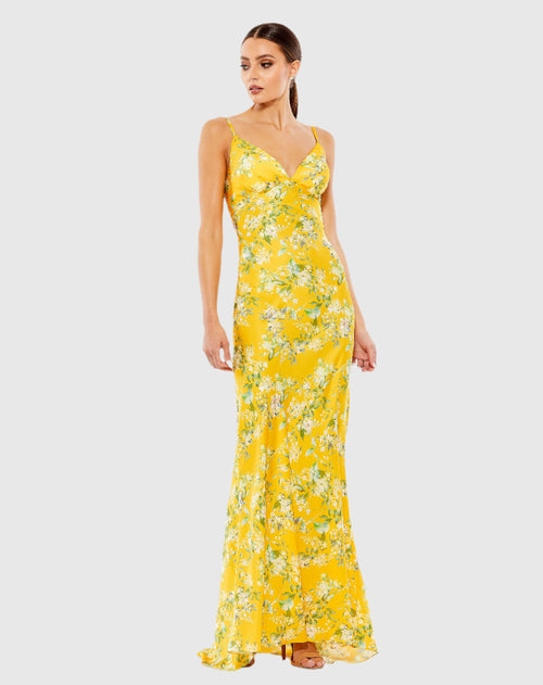 Floral Print Empire Waist Bias Cut Sleeveless Trumpet Gown