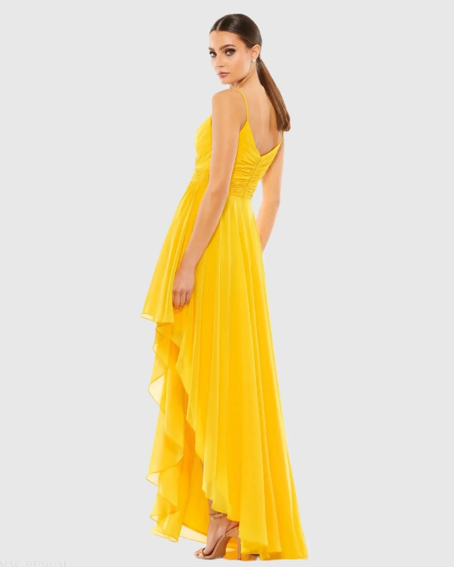 Yellow Asymmetrical Hem Chiffon Maxi Dress - Ieena for Mac Duggal