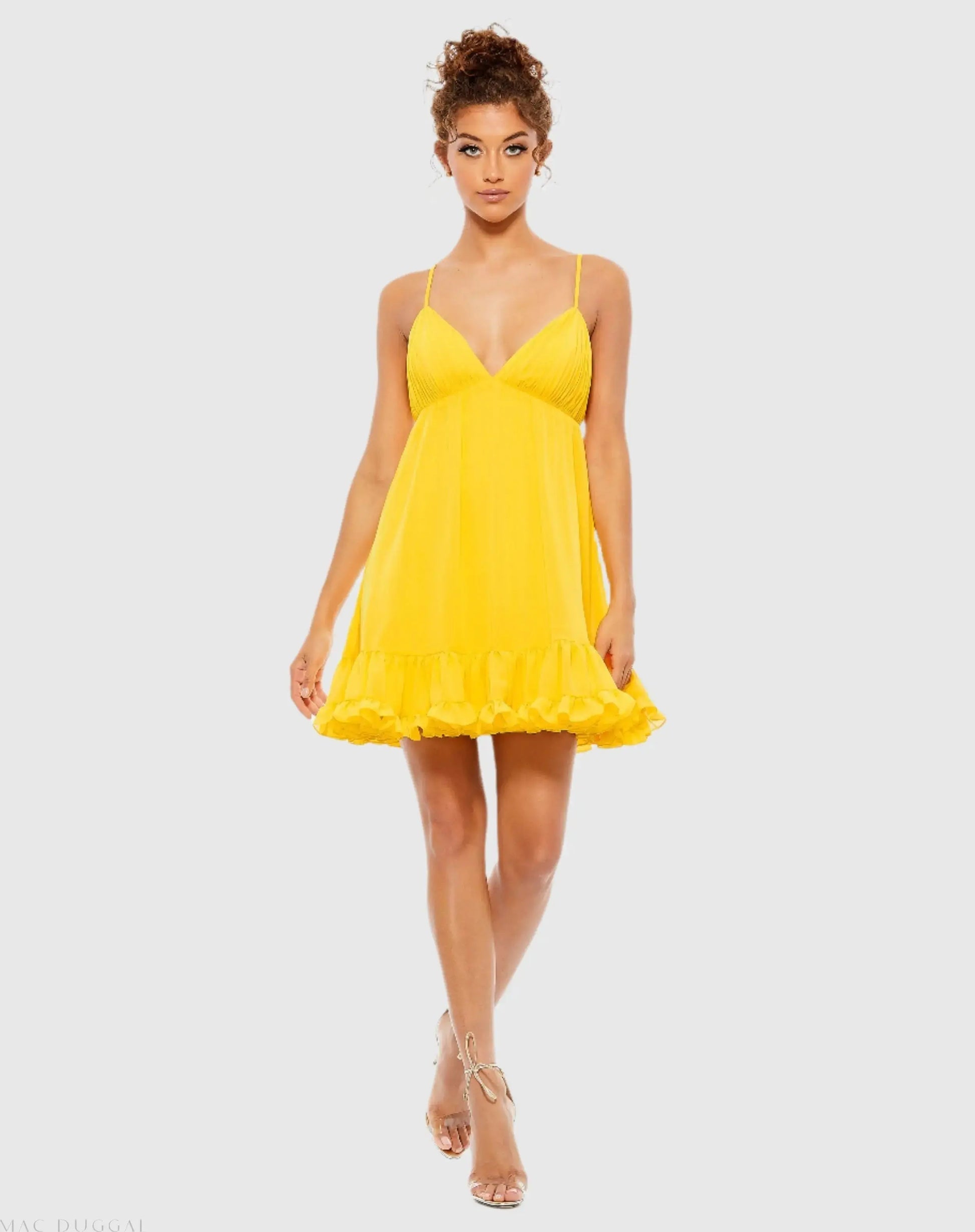 Yellow Ruffle V-Neck Criss-Cross Mini Dress - Ieena for Mac Duggal