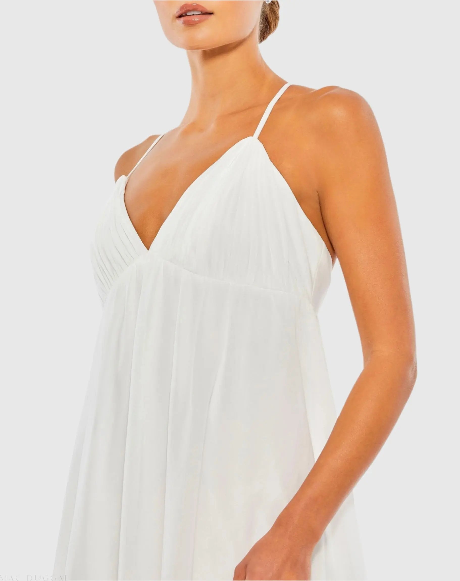 White Ruffle V-Neck Criss-Cross Mini Dress - Ieena for Mac Duggal