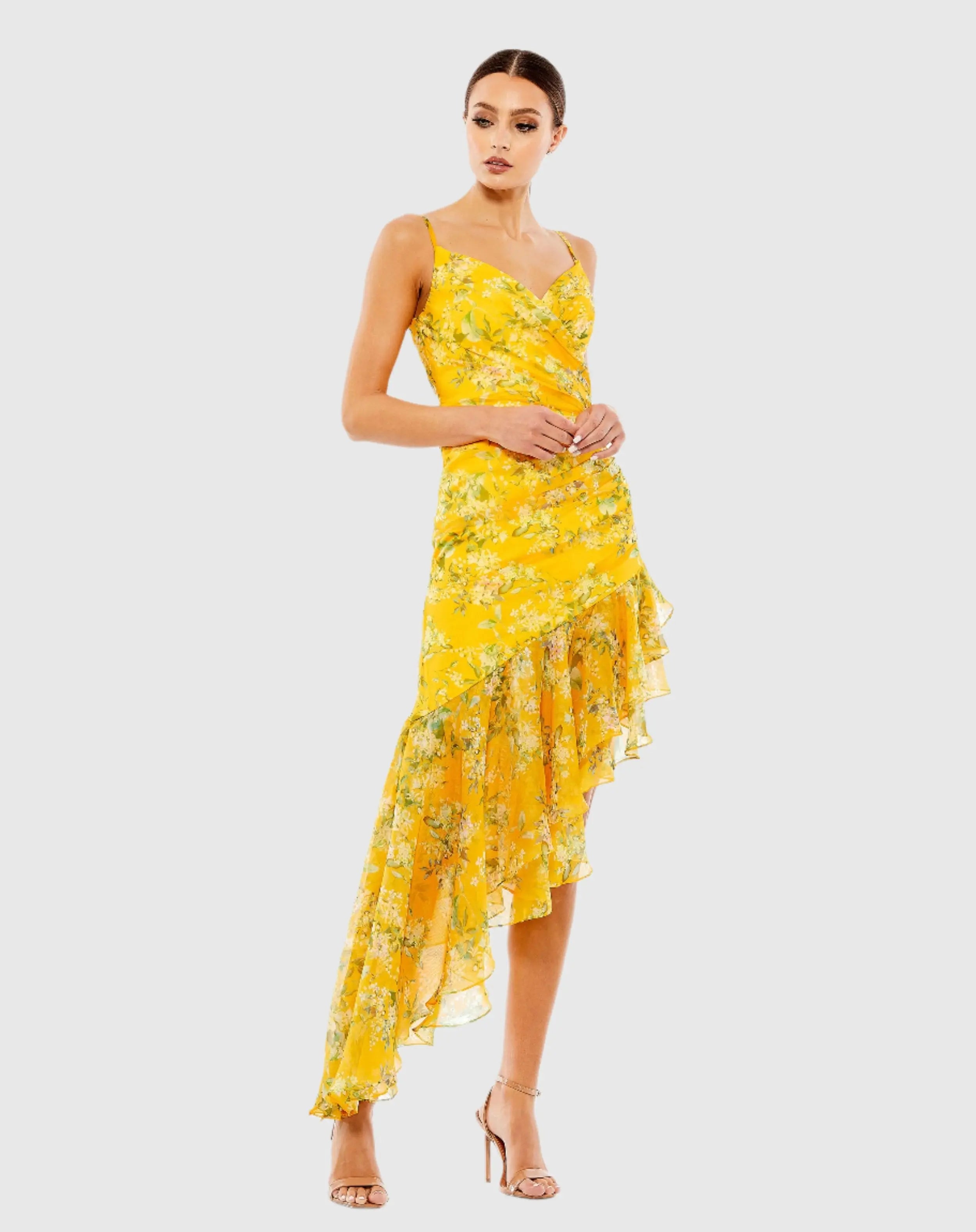 Yellow Floral Ruffle Asymmetrical Hi Low Hem Dress - Ieena for Mac Duggal
