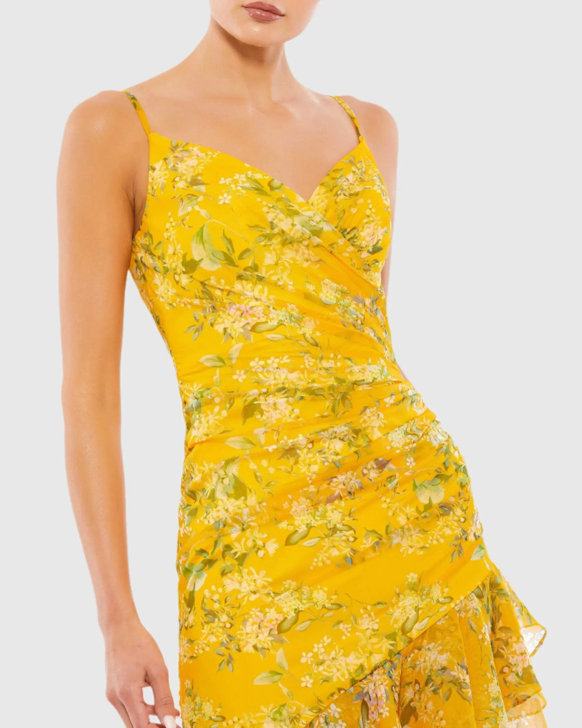 Yellow Floral Ruffle Asymmetrical Hi Low Hem Dress - Ieena for Mac Duggal
