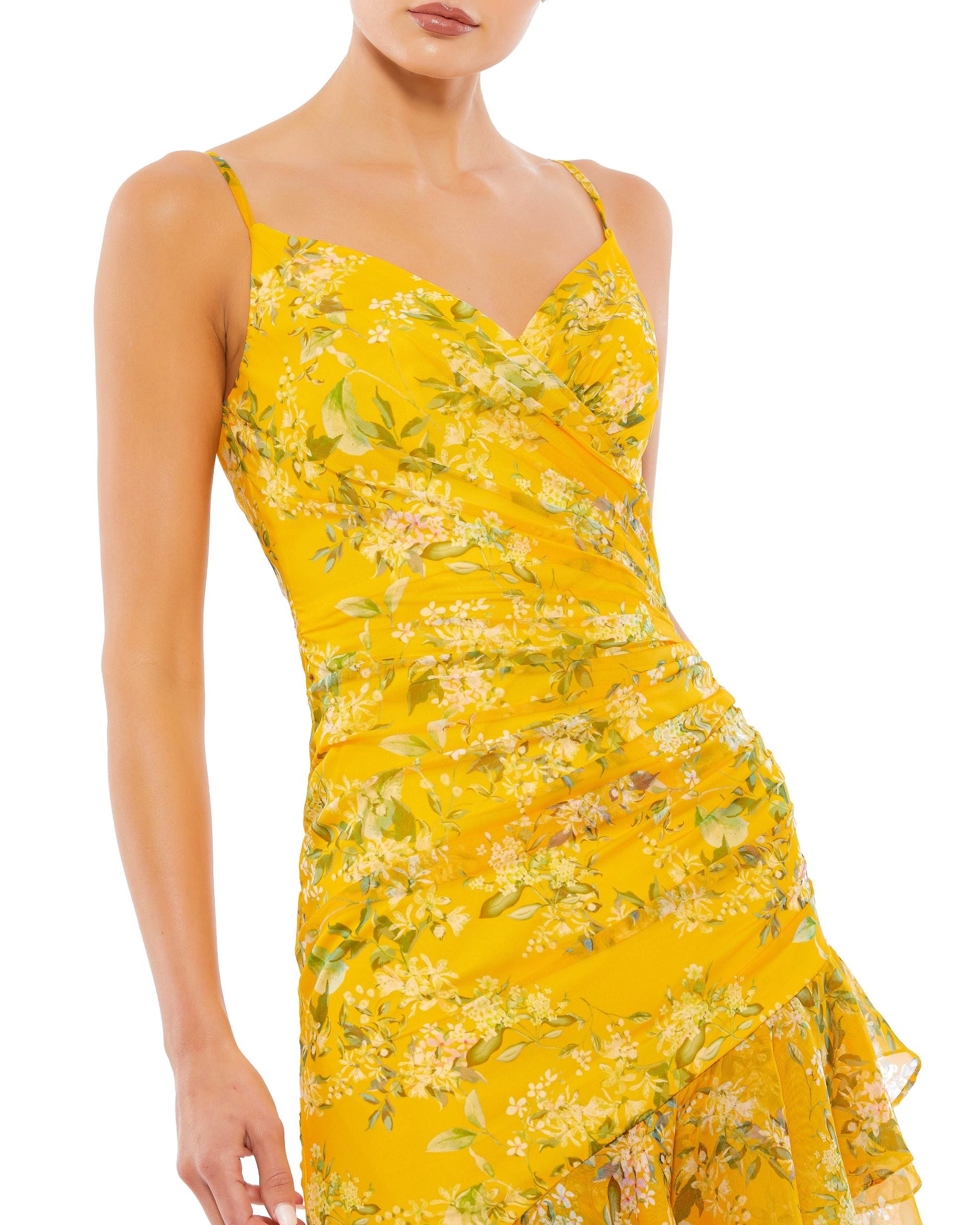 Floral Ruffle Asymmetrical Slit Gown