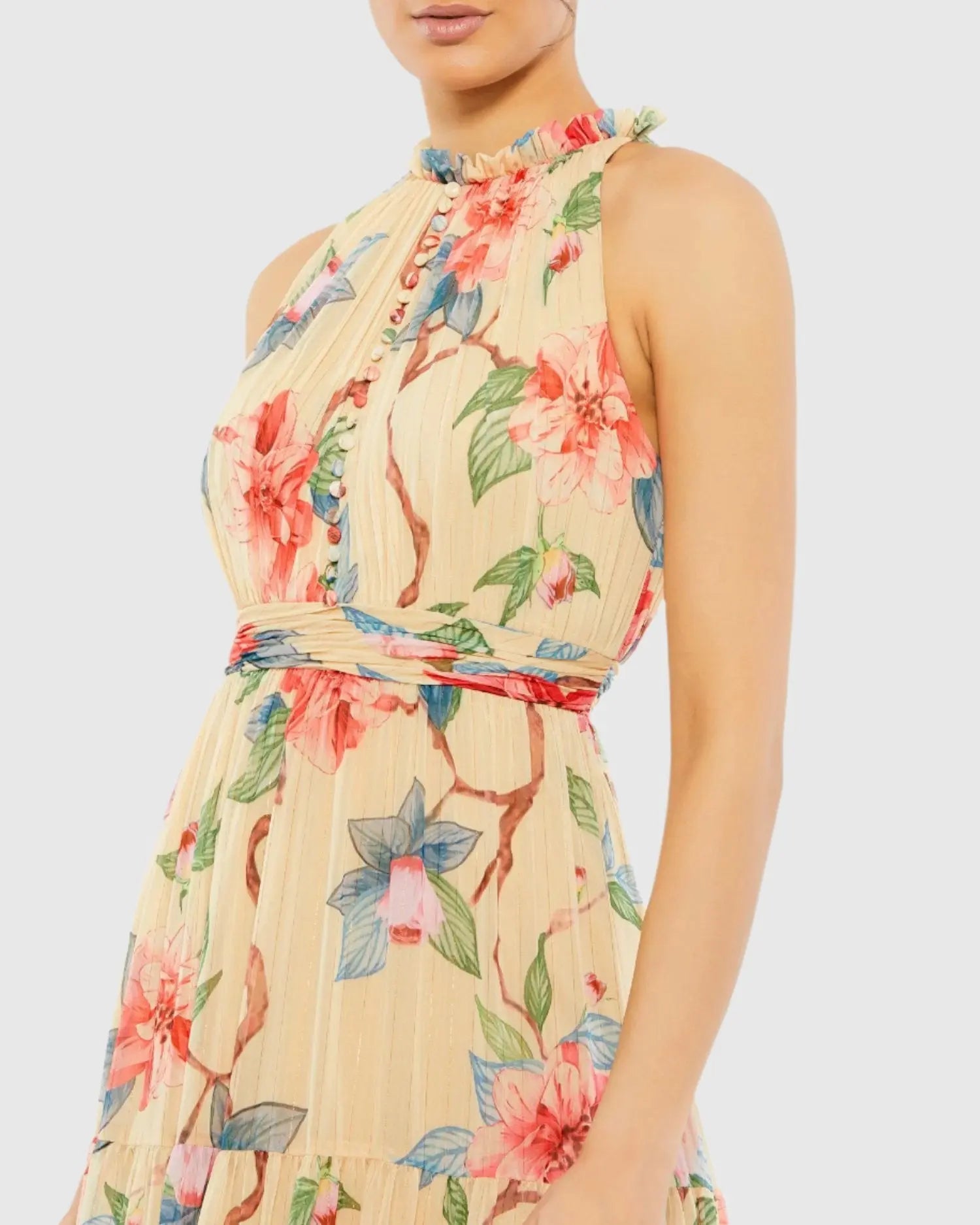 Floral Button High Neck Maxi Dress - Mac Duggal