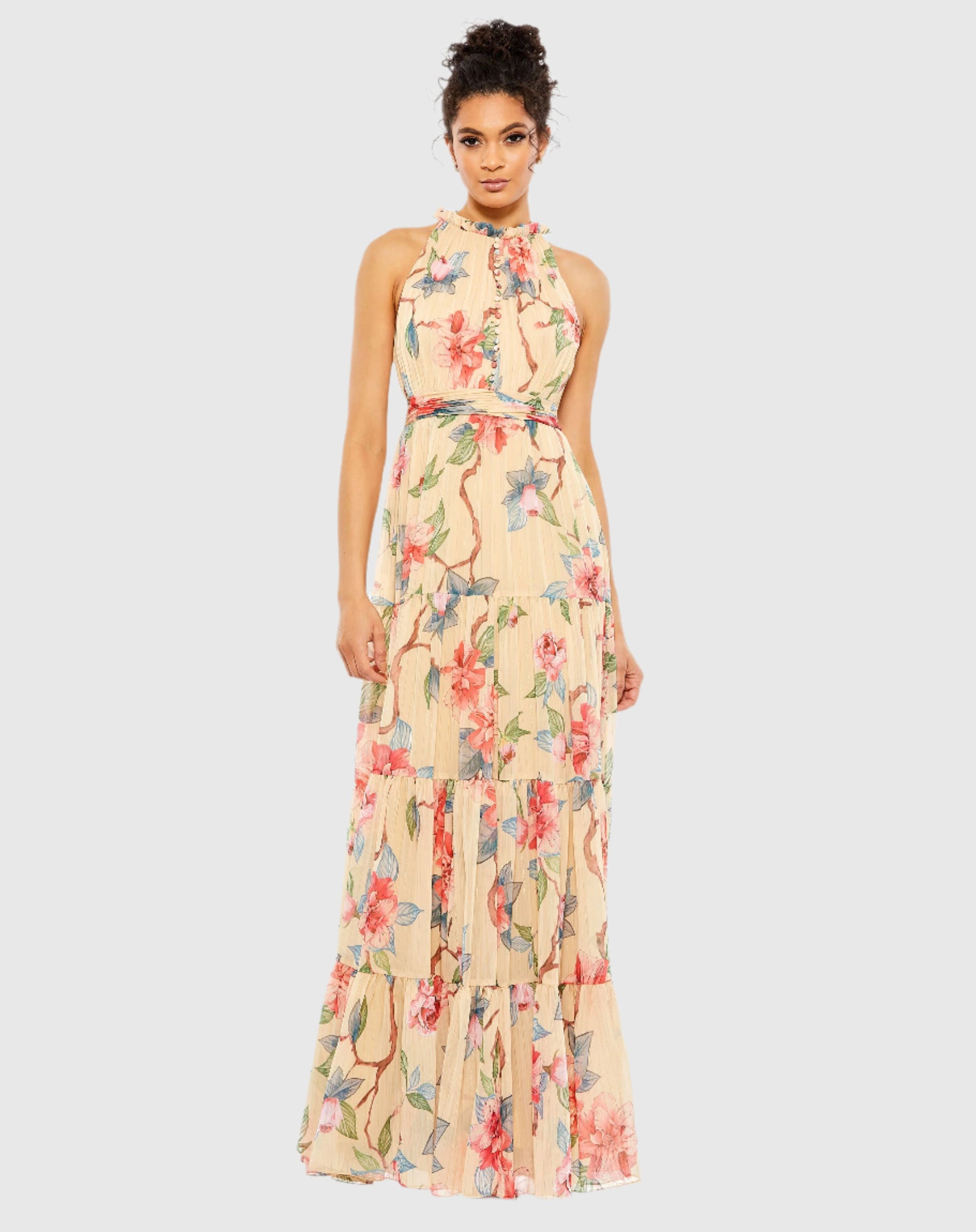 Floral Button High Neck Maxi Dress