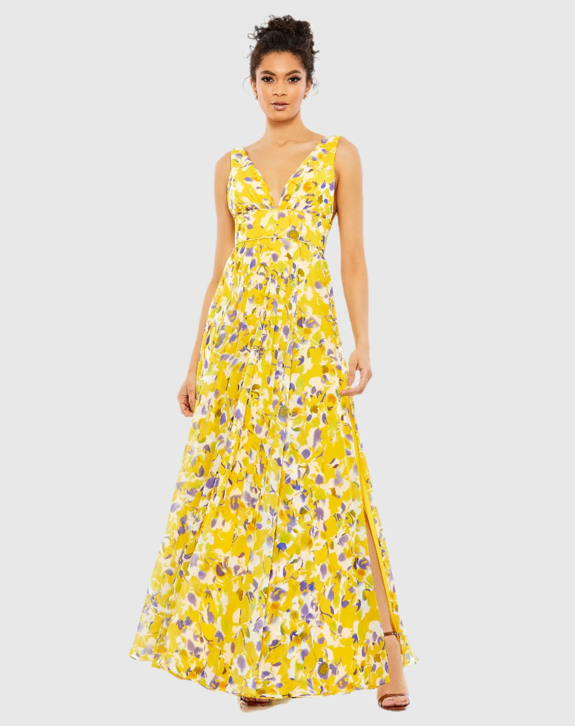 Yellow Floral Plunge V-Neck Gown Ieena for Mac Duggal
