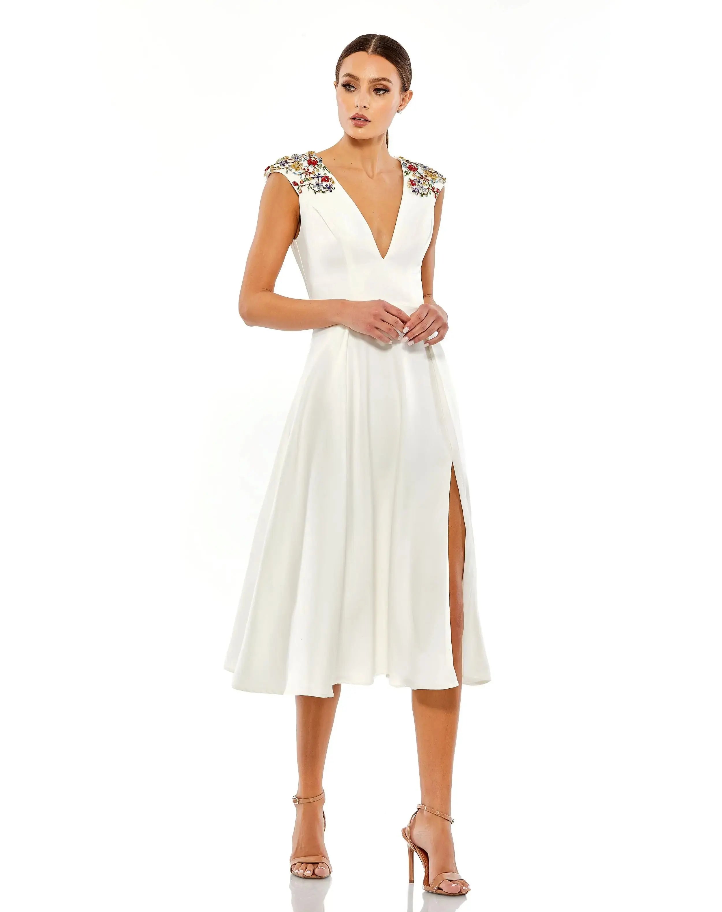 White Beaded Cap Sleeve A Line Midi Dress - Ieena for Mac Duggal