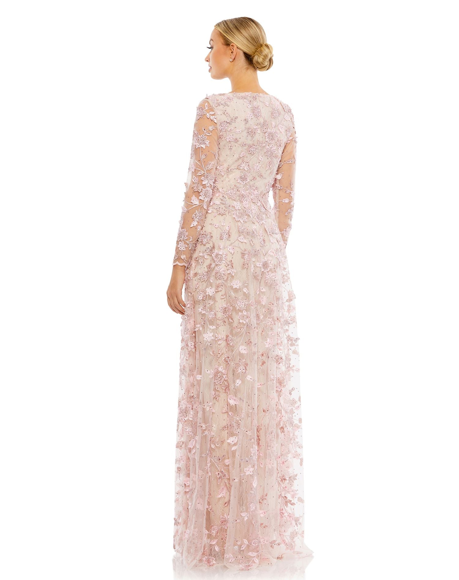 Floral Applique Long Sleeve Illusion Gown