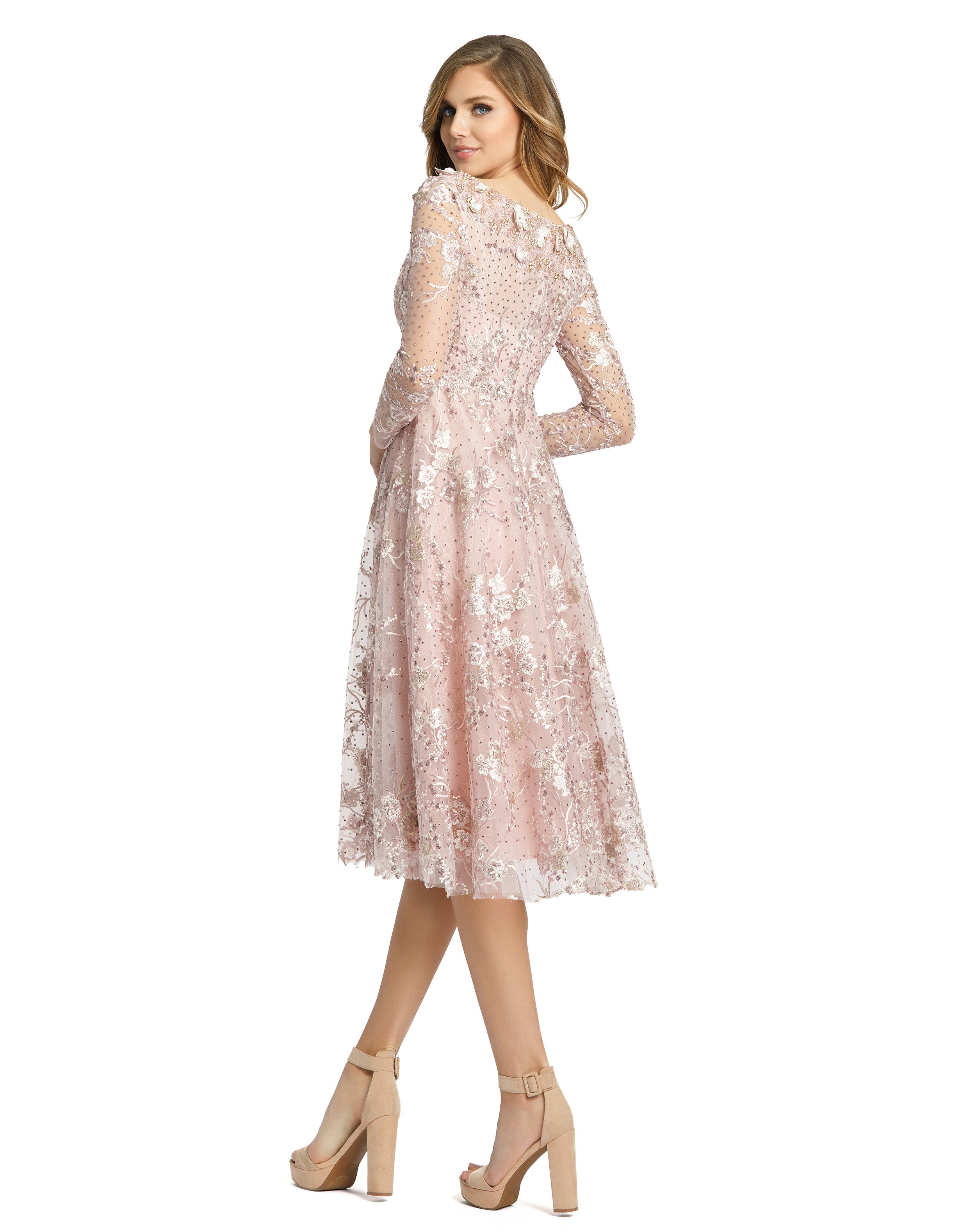 Long Sleeve Floral Embroidered Tea Length Dress