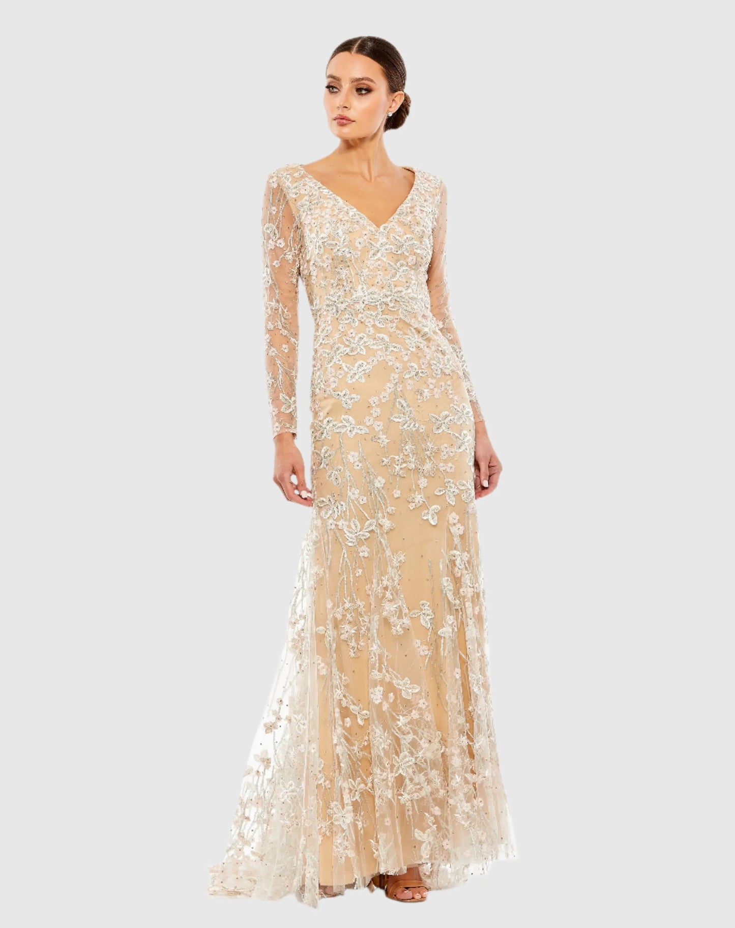 Beige Embroidered V Neck Long Sleeve Trumpet Gown - Mac Duggal