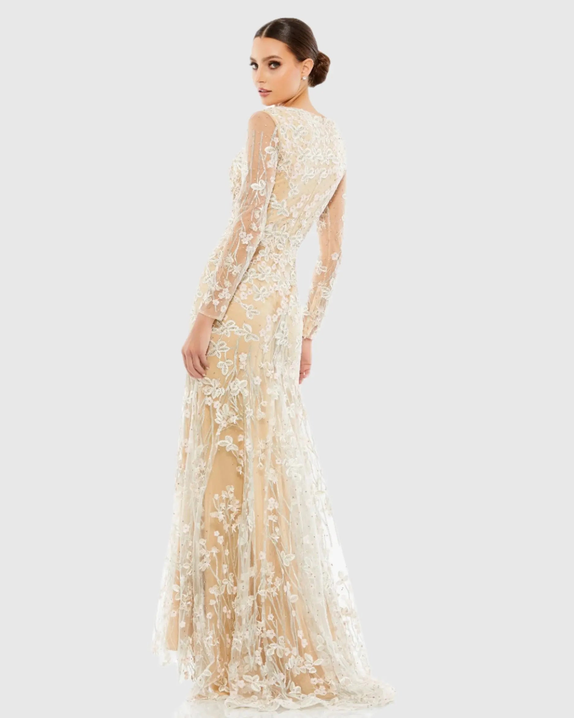 Beige Embroidered V Neck Long Sleeve Trumpet Gown - Mac Duggal