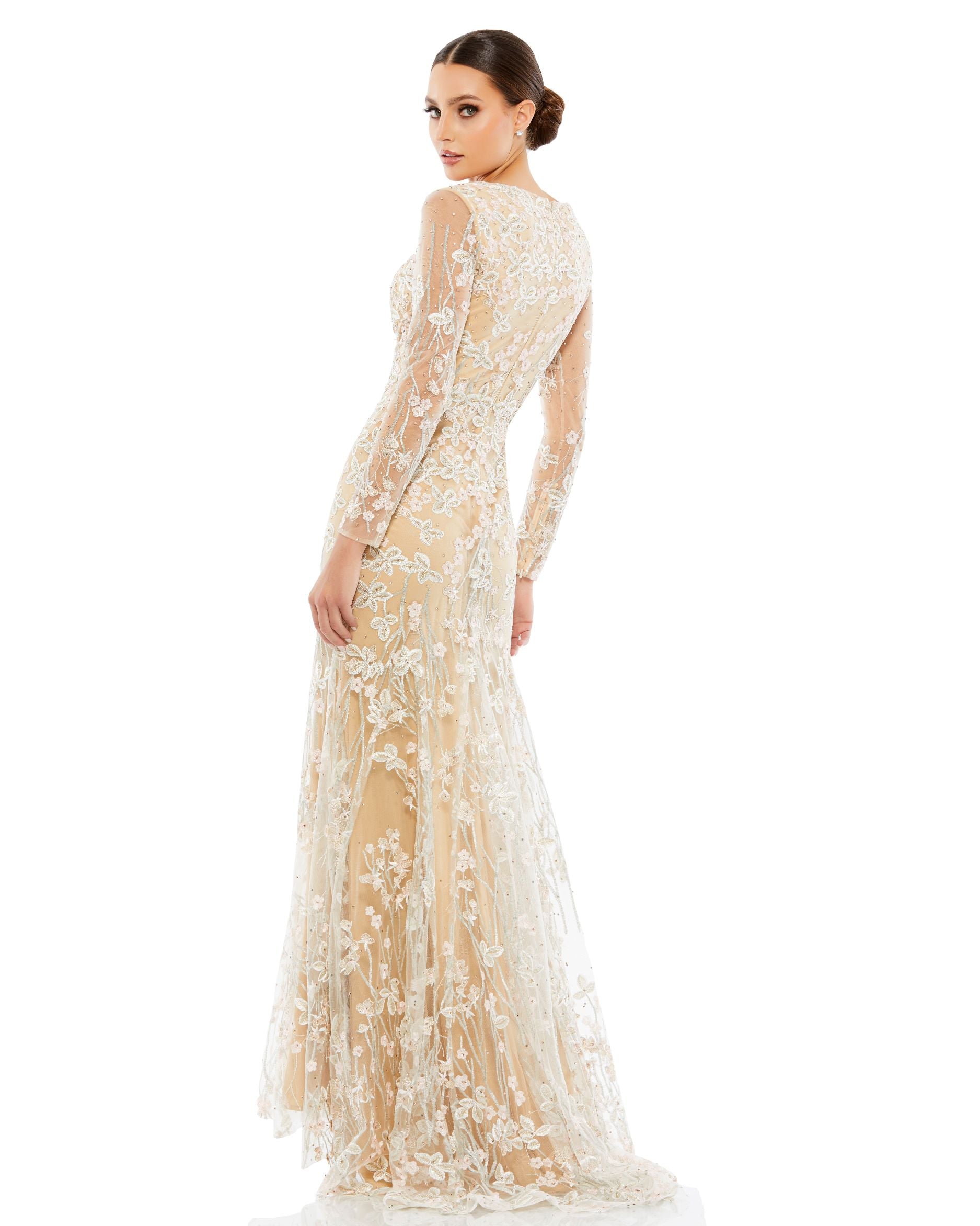 Embroidered V Neck Long Sleeve Trumpet Gown