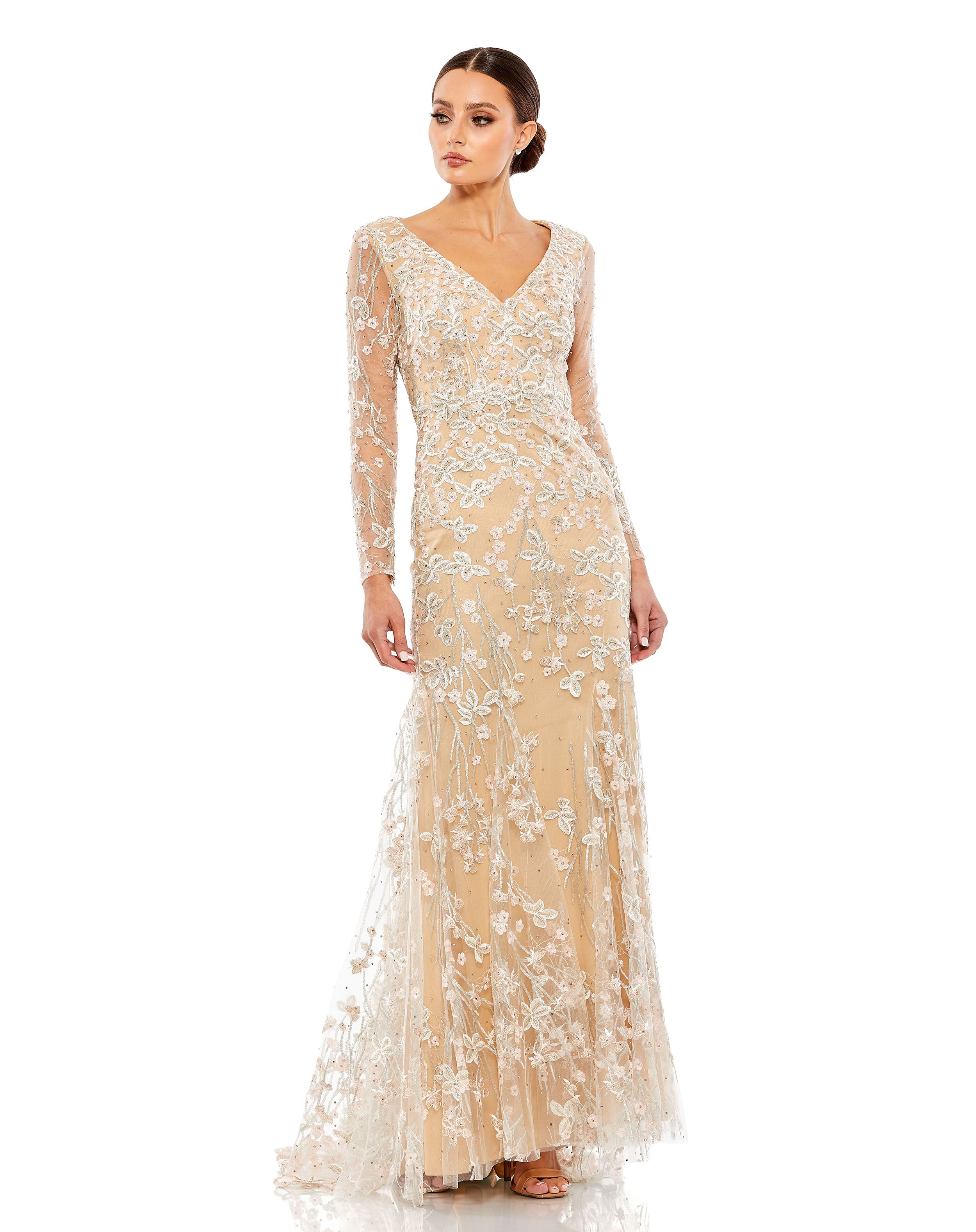 Embroidered V Neck Long Sleeve Trumpet Gown