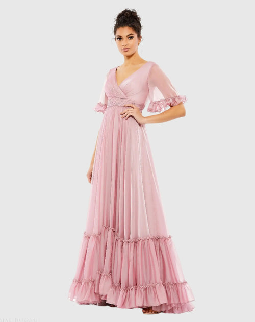 Pink Butterfly Ruffle Trimmed Sleeve Wrap Over Flowy Gown - Mac Duggal