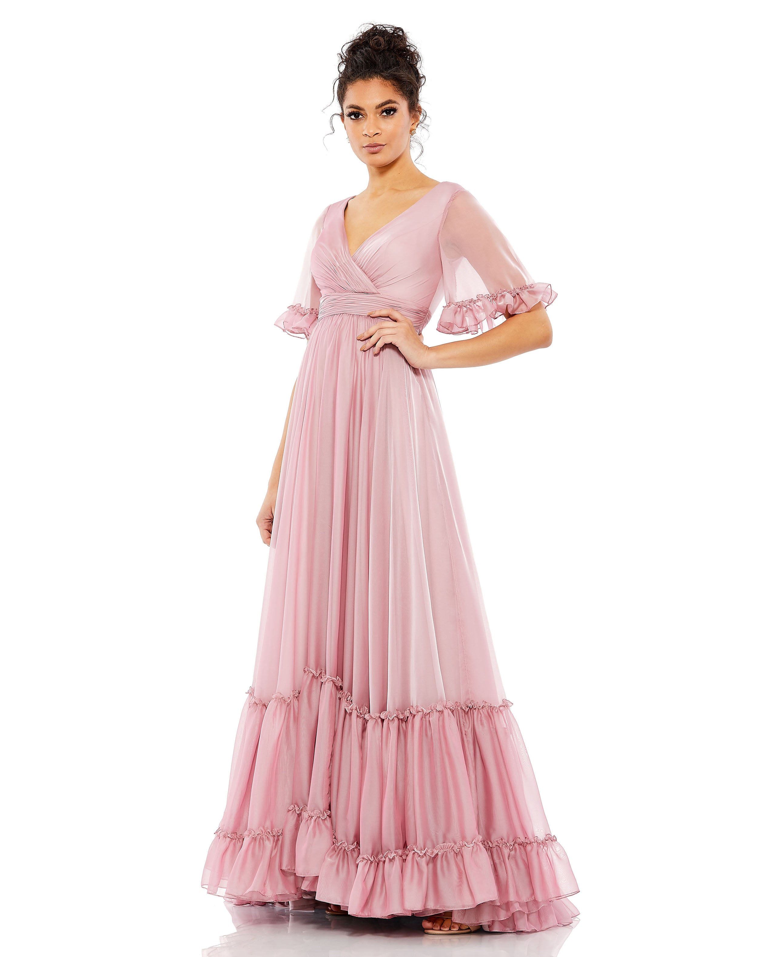 Butterfly Ruffle Trimmed Sleeve Wrap Over Flowy Gown