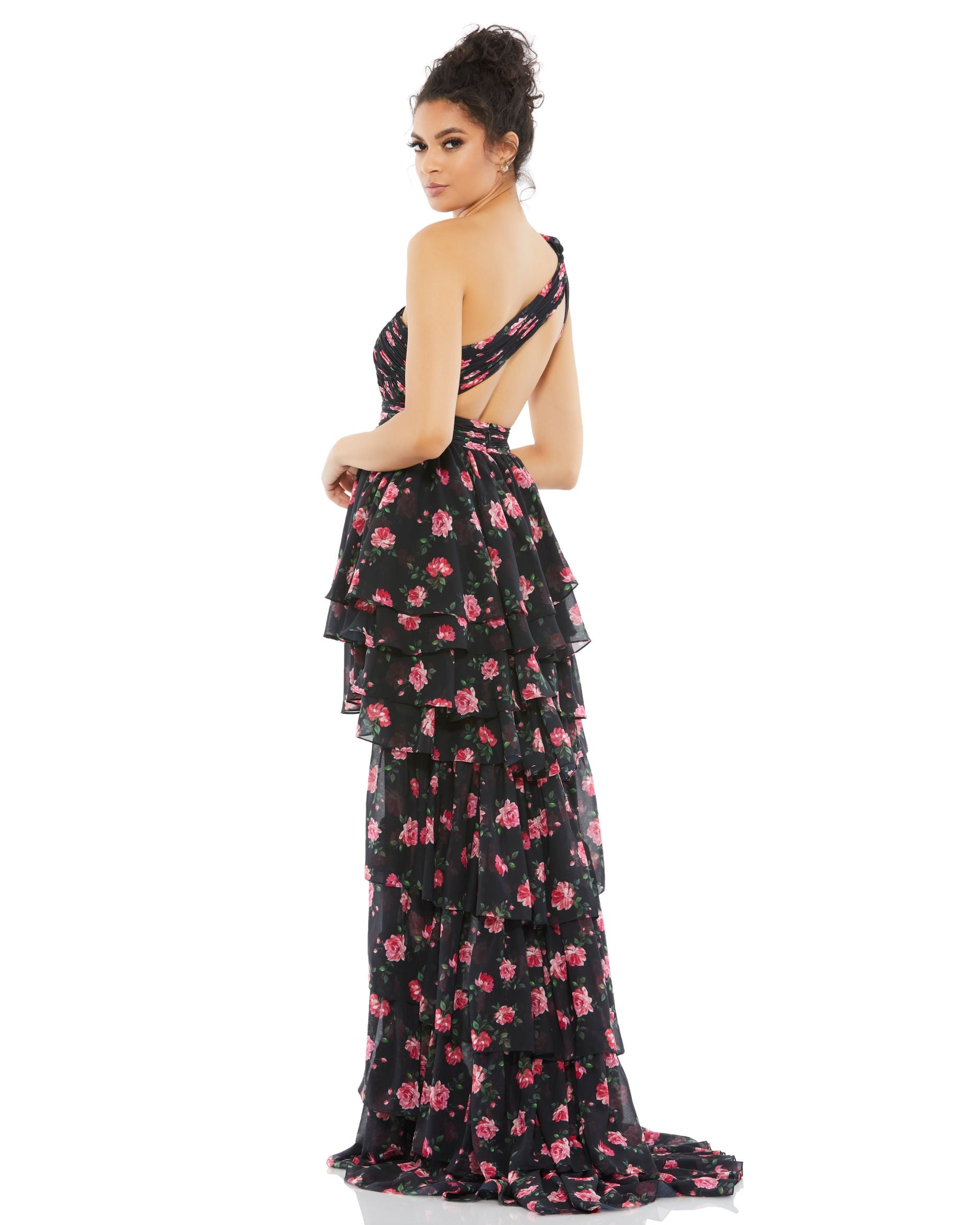 One Shoulder Ruffled Rose Print Layered High-Low Dress