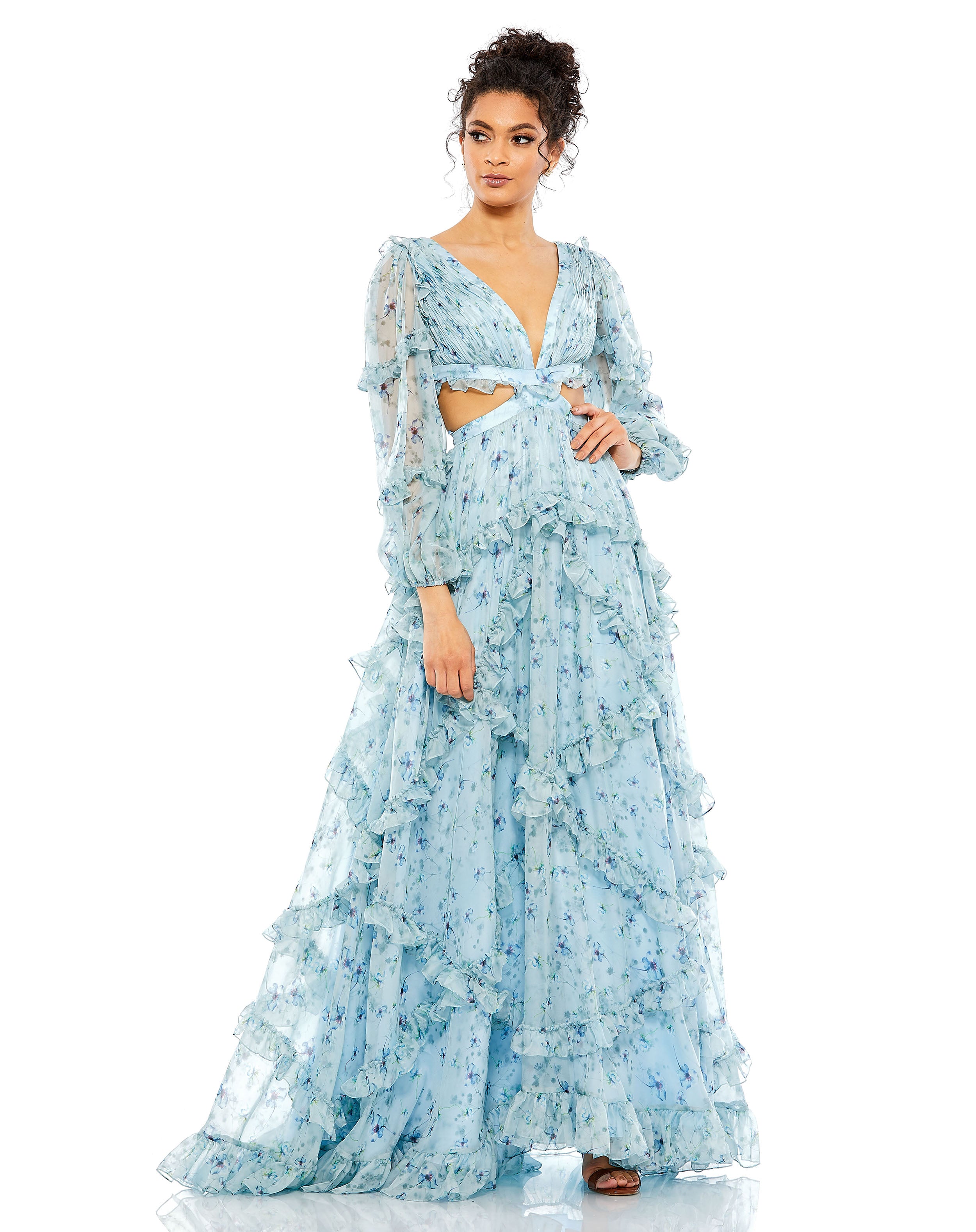 Ruffle Tiered Floral Cutout Long Sleeve Gown
