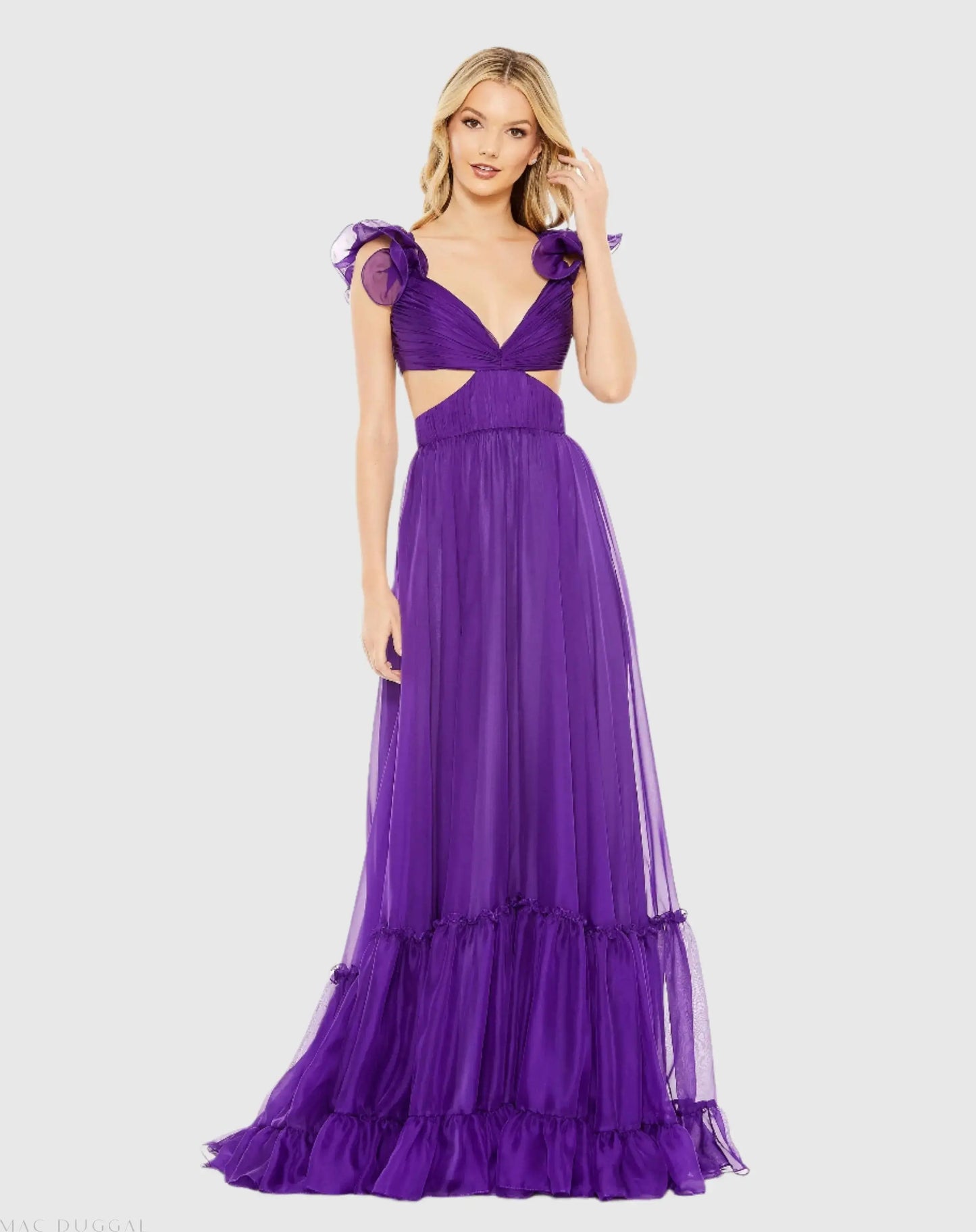 Purple Ruched Ruffled Shoulder Cut Out Lace Up Gown - FINAL SALE - Mac Duggal