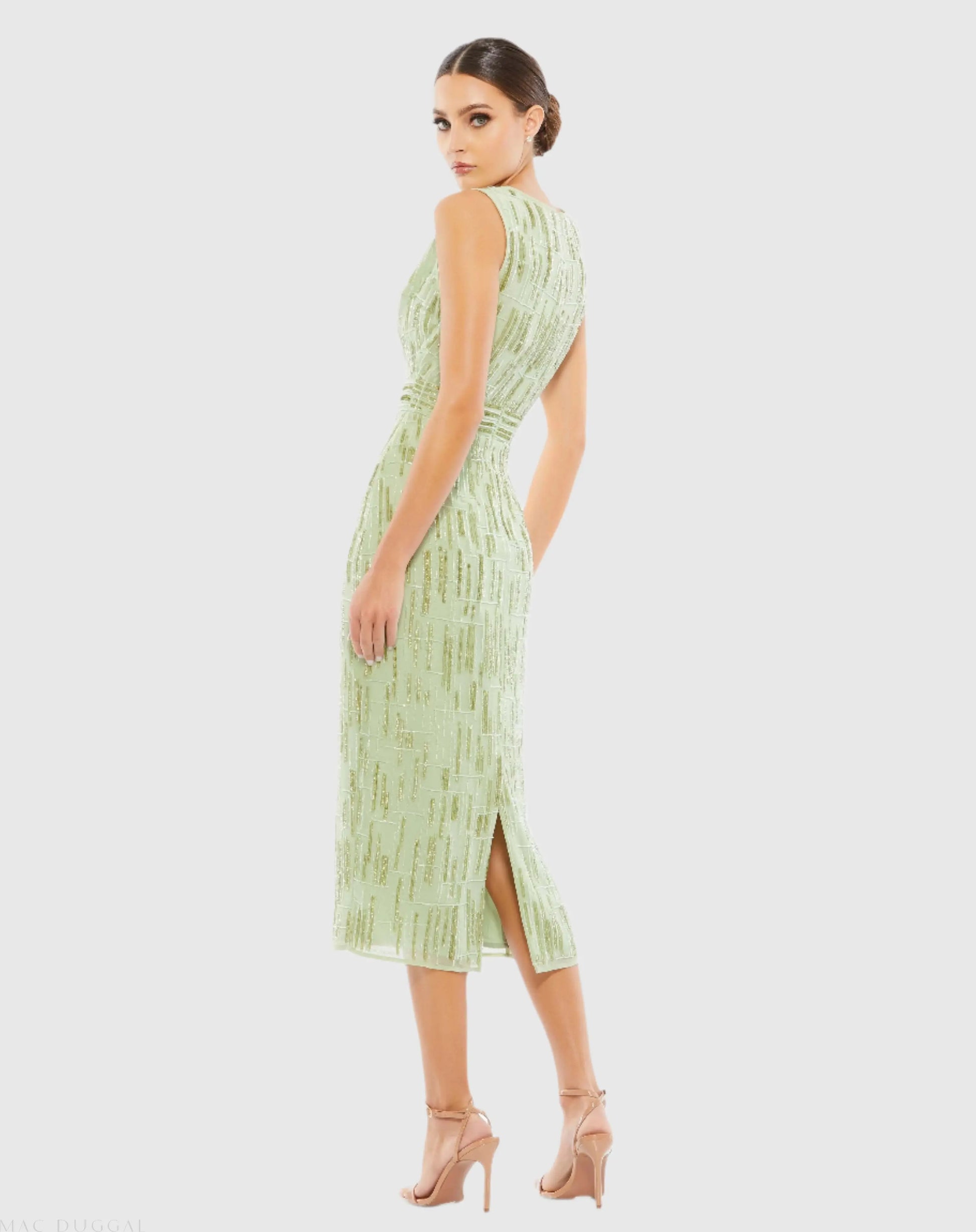 Green Abstract Beaded Sleeveless Midi Sheath Dress - Mac Duggal Green Abstract Beaded Sleeveless Midi Sheath Dress - Mac Duggal