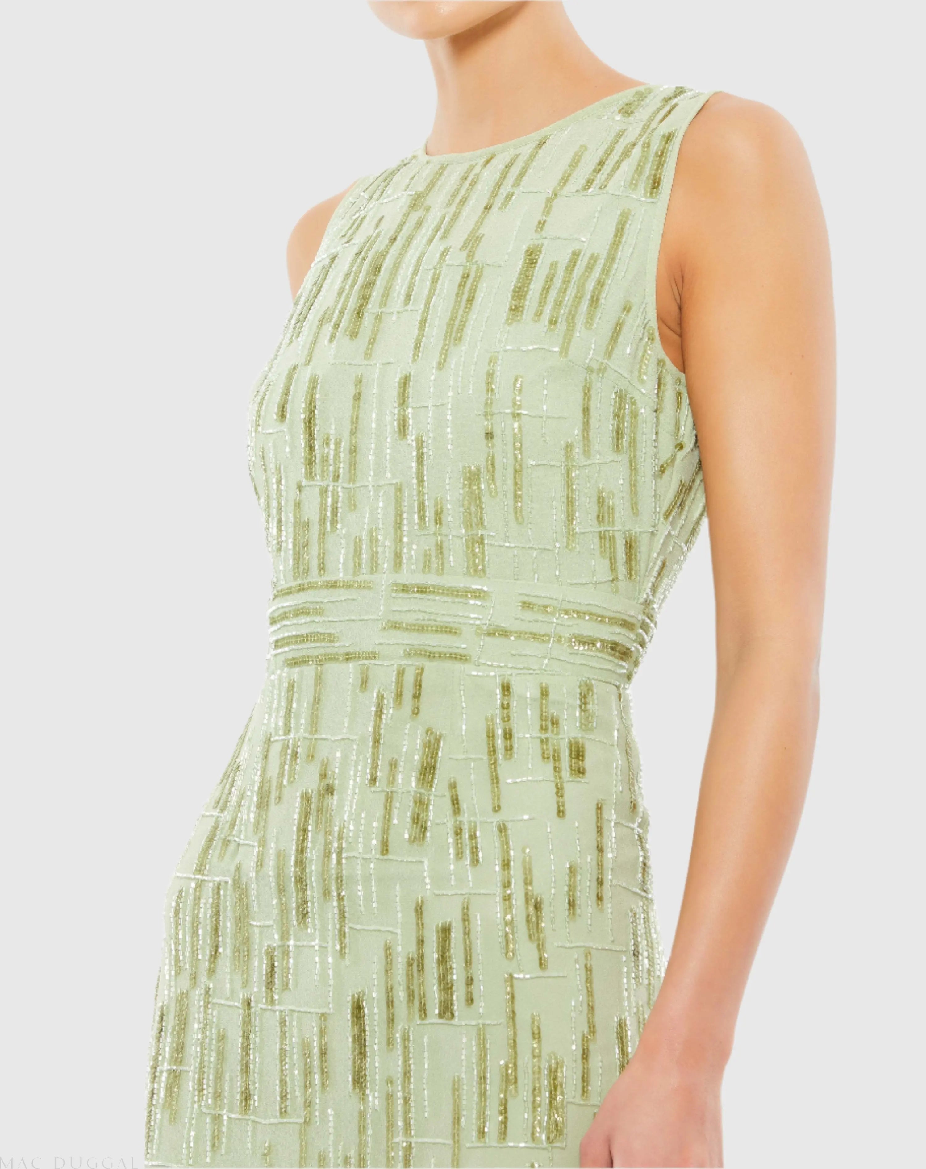 Green Abstract Beaded Sleeveless Midi Sheath Dress - Mac Duggal Green Abstract Beaded Sleeveless Midi Sheath Dress - Mac Duggal