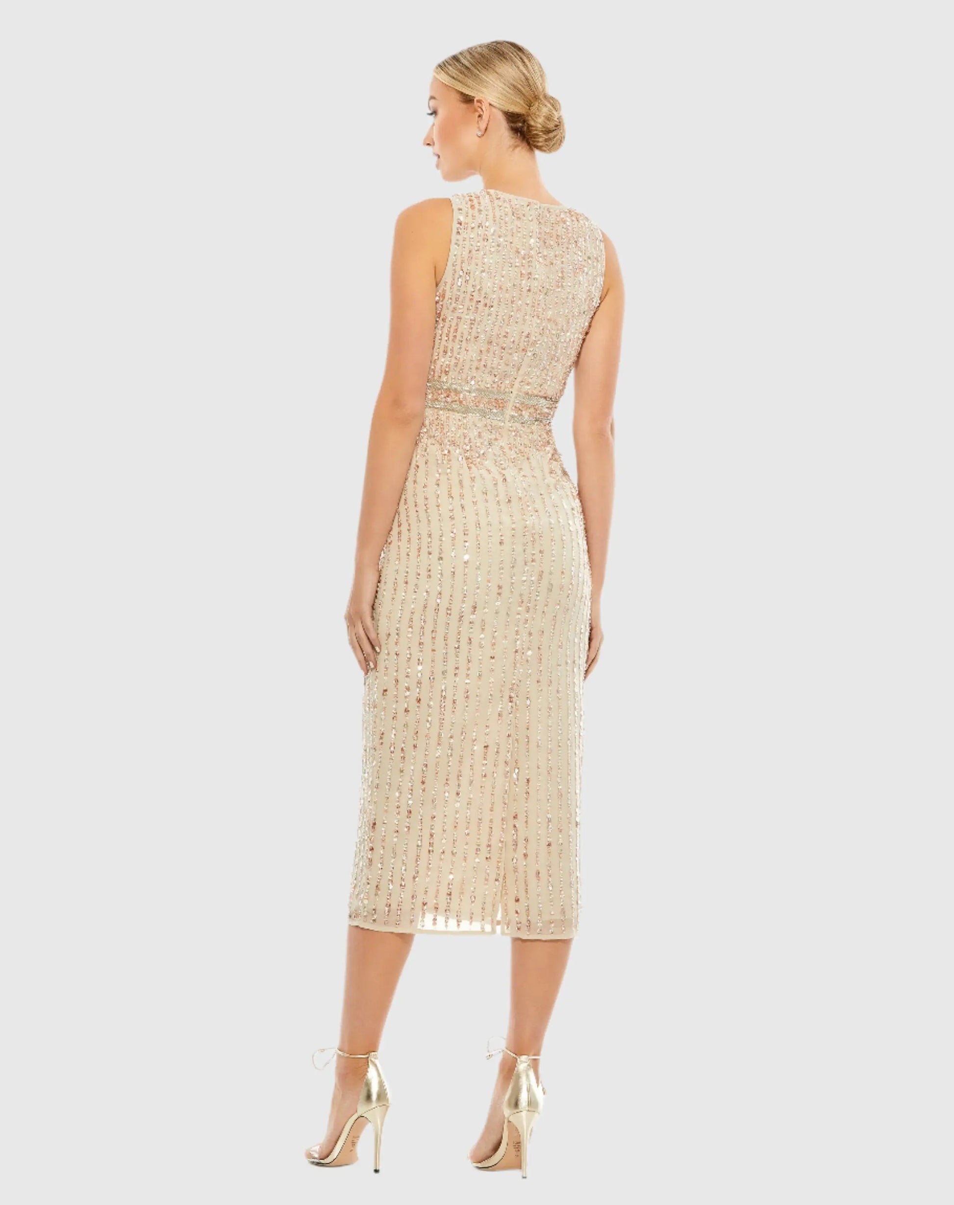 Beige Sequined Sleeveless V-Neck Midi Sheath Dress Beige Sequined Sleeveless V-Neck Midi Sheath Dress