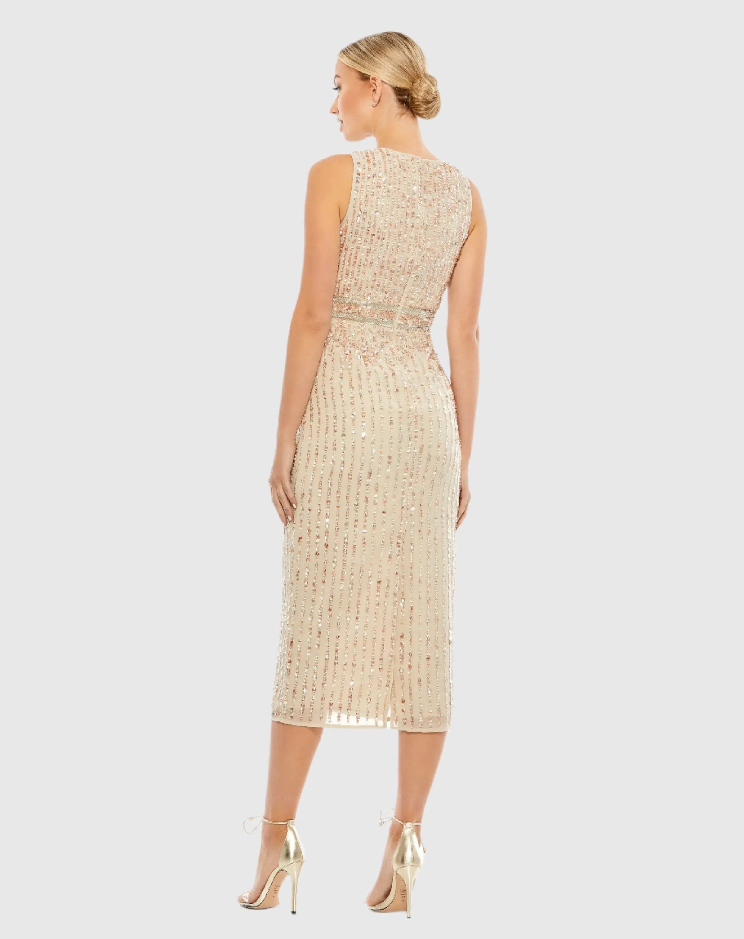 Beige Sequined Sleeveless V-Neck Midi Sheath Dress - Mac Duggal
