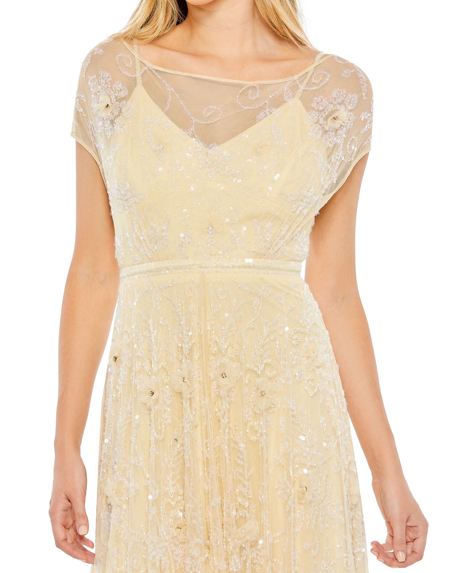 Embellished Illusion Cap Sleeve Gown