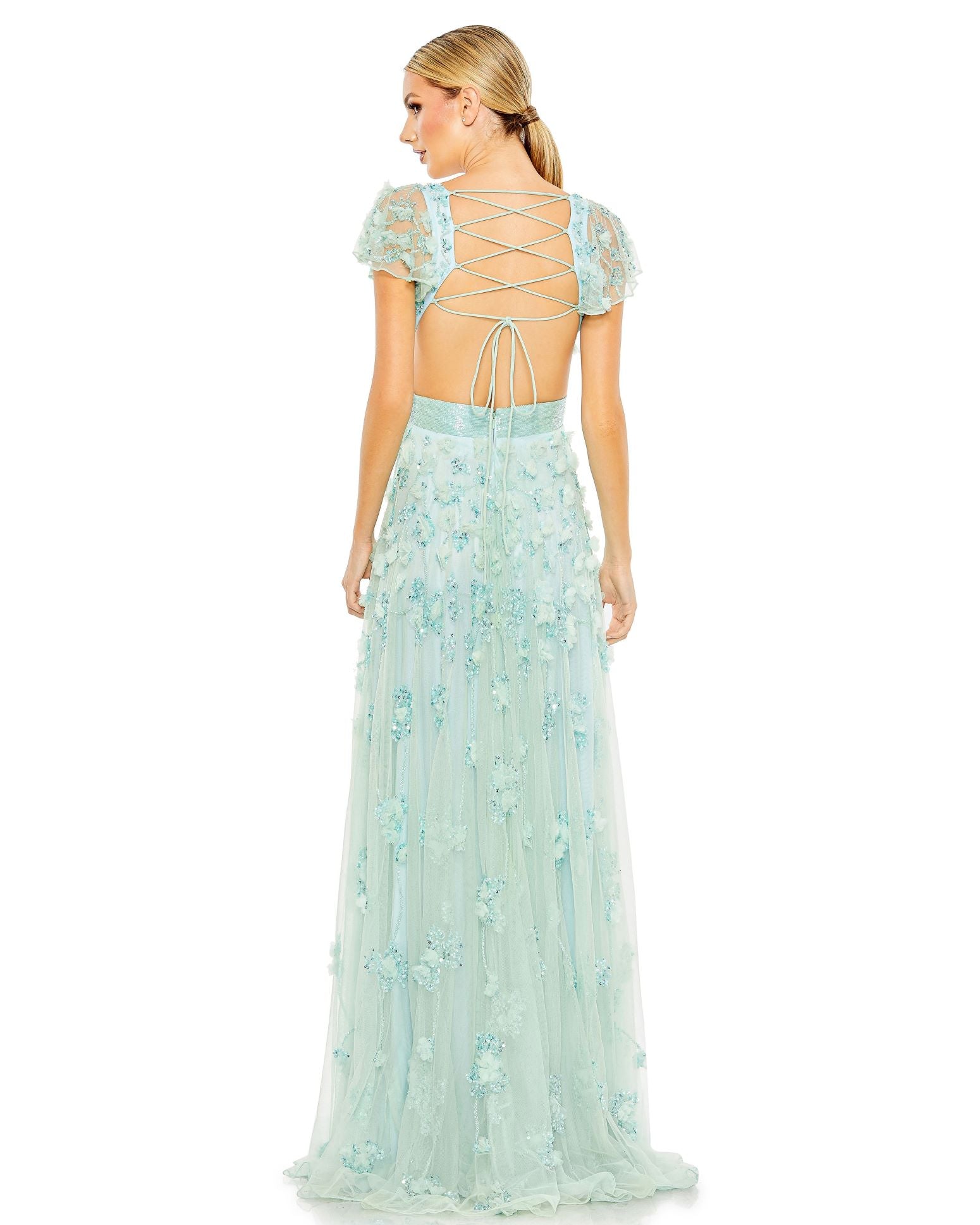 Embellished Lace Up Flowy Gown