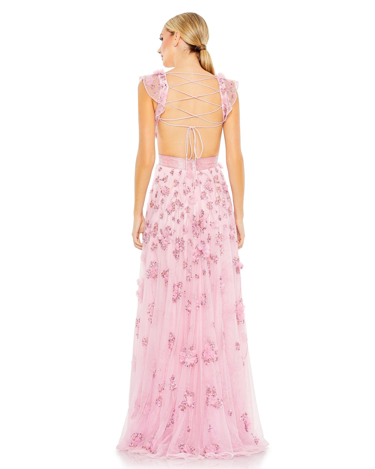 Embellished Lace Up Flowy Gown