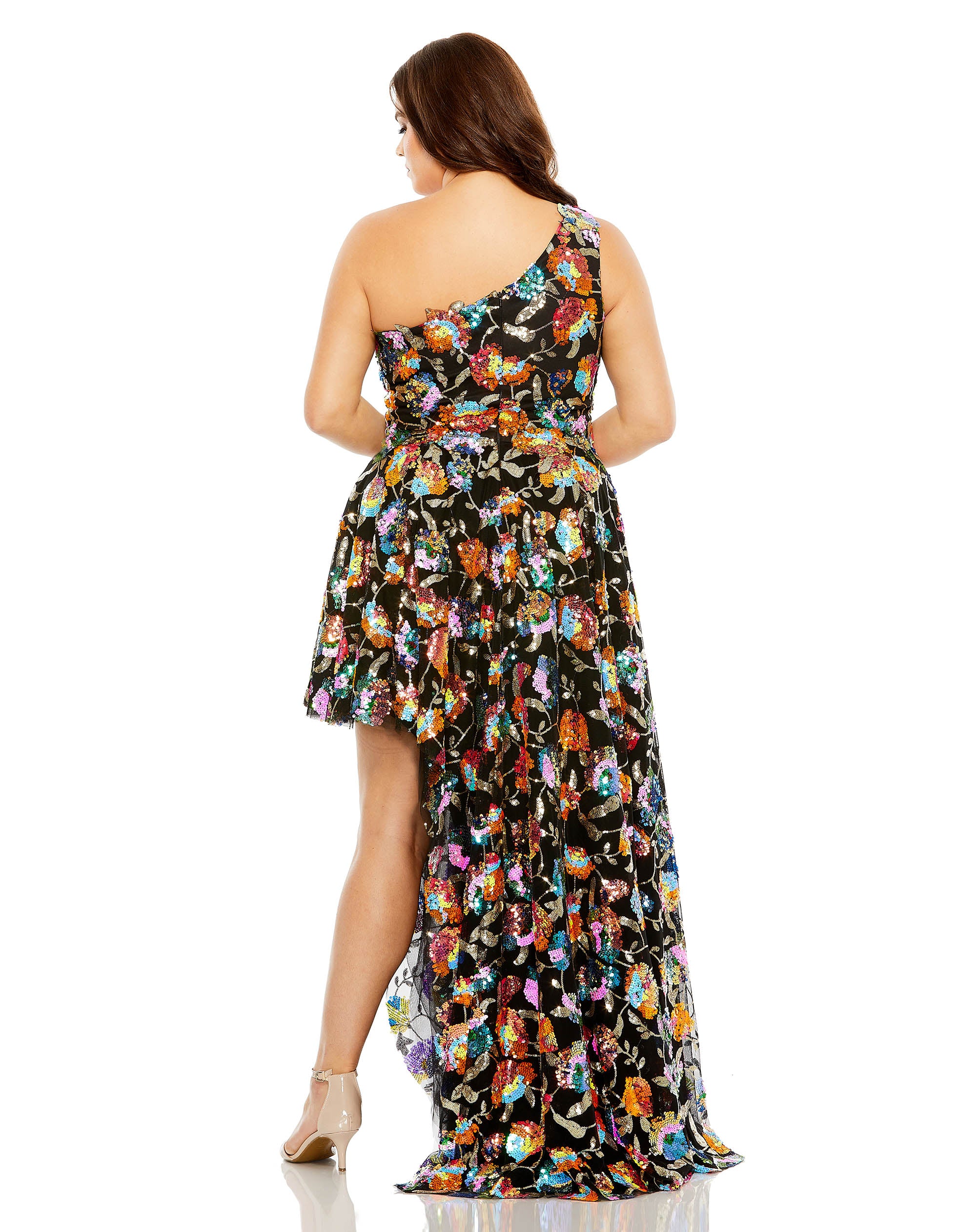 Sequin Embellished One Shoulder Asymmetrical Gown