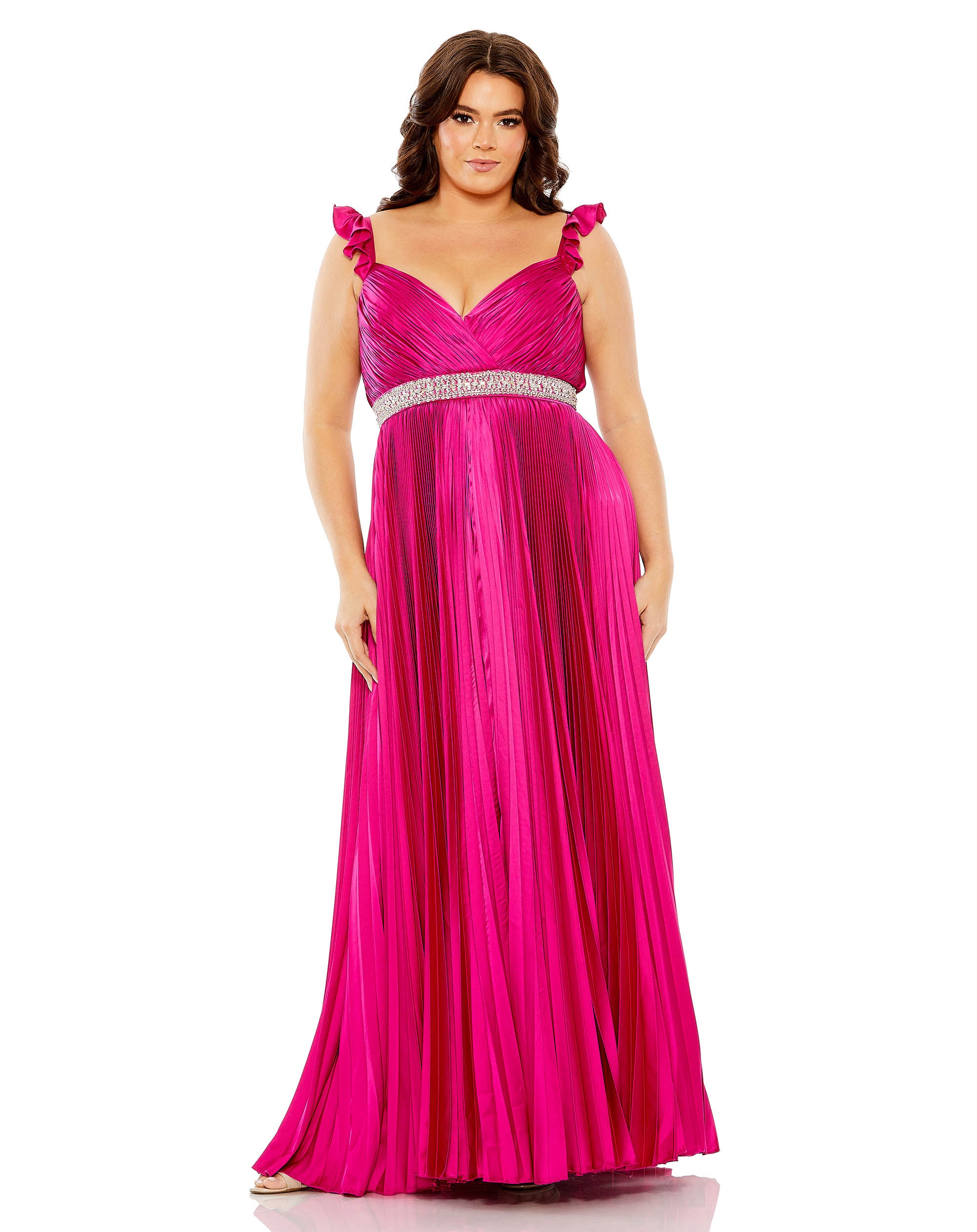 Embellished Waist Flutter Sleeve Pleated Gown
