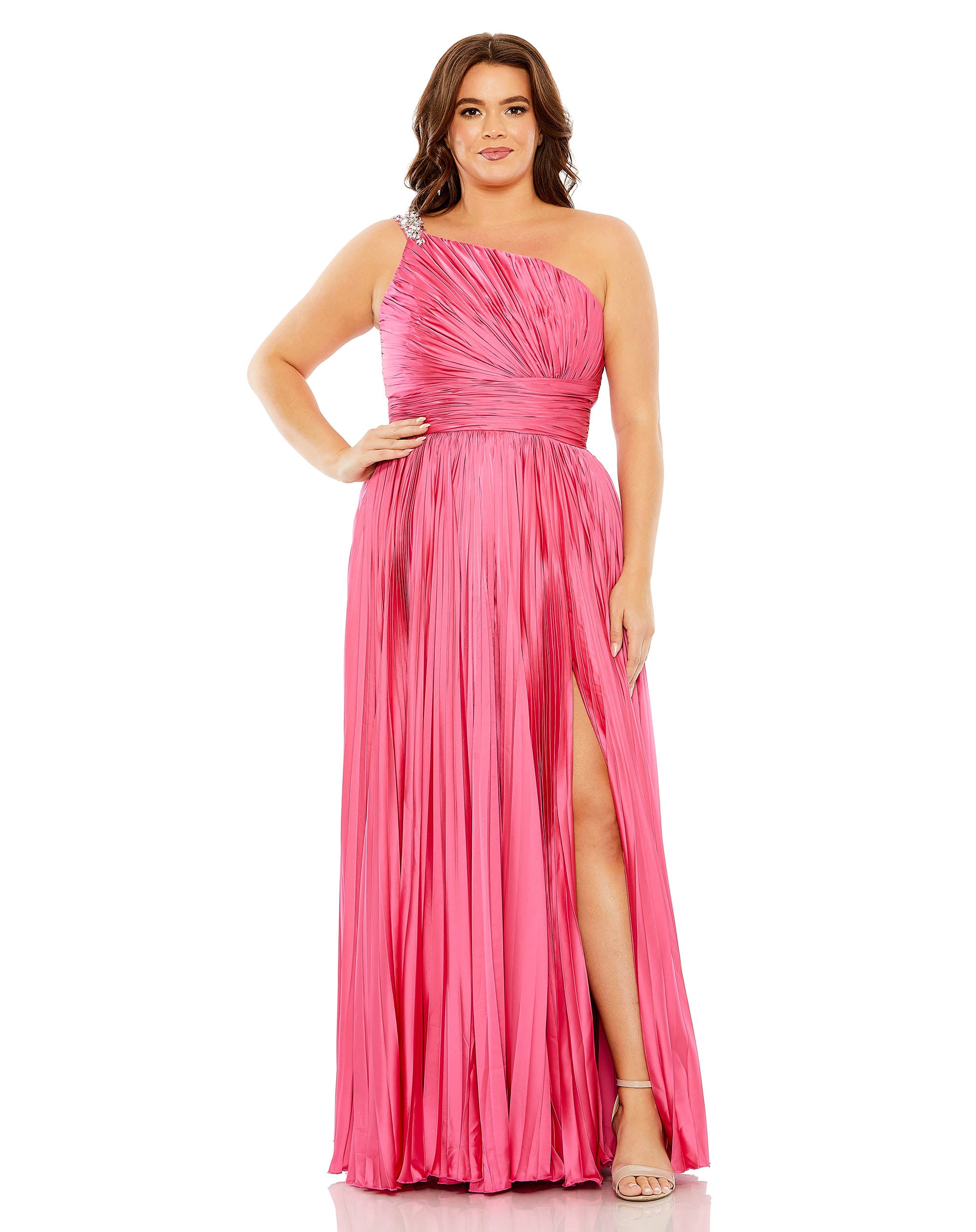 One Shoulder Embellished Pleated Sleeveless Gown