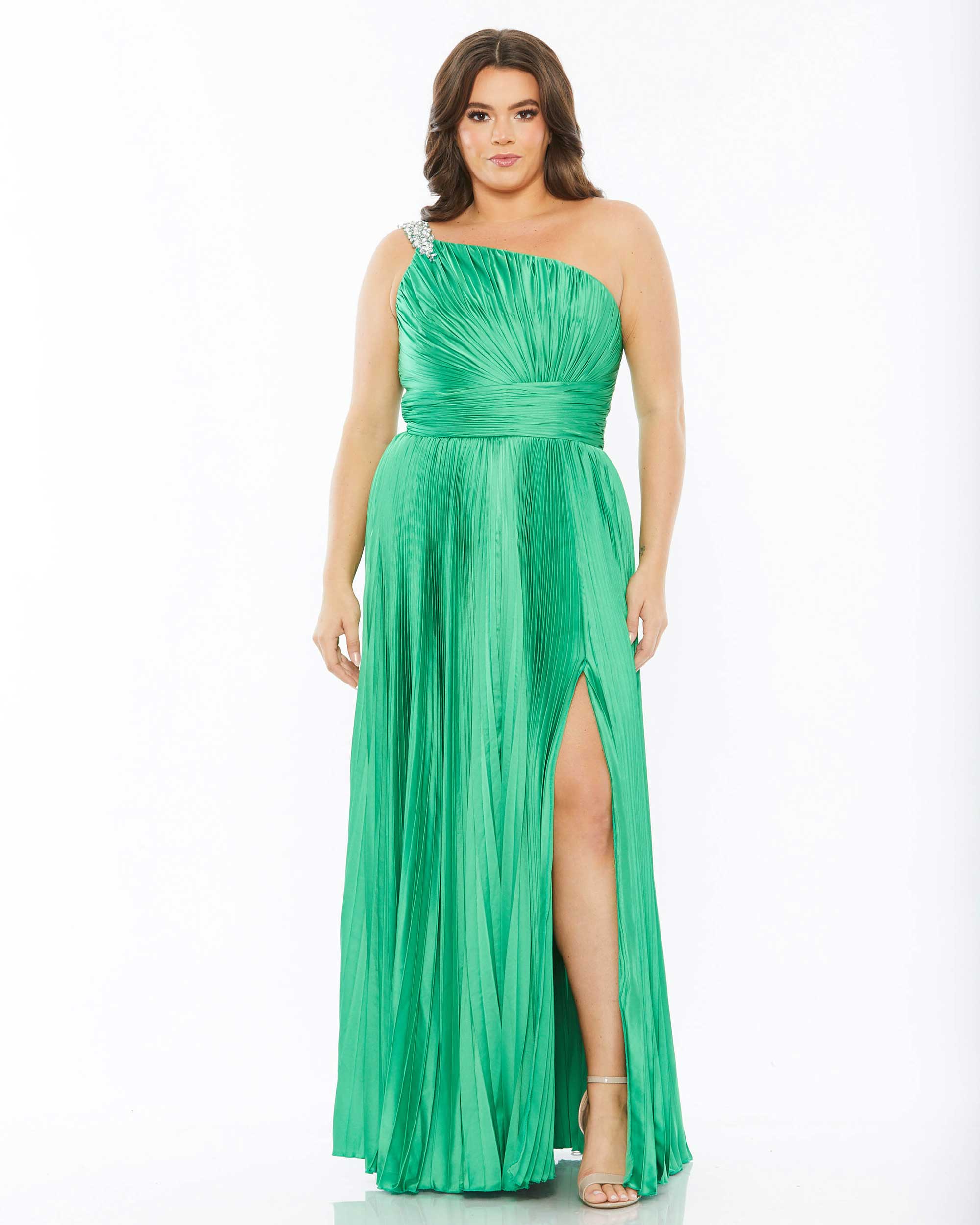One Shoulder Embellished Pleated Sleeveless Gown