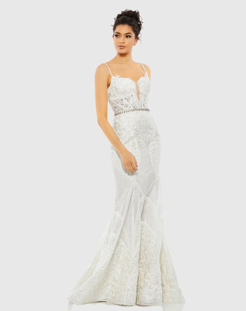 Embroidered Sleeveless Plunge Neck Trumpet Gown