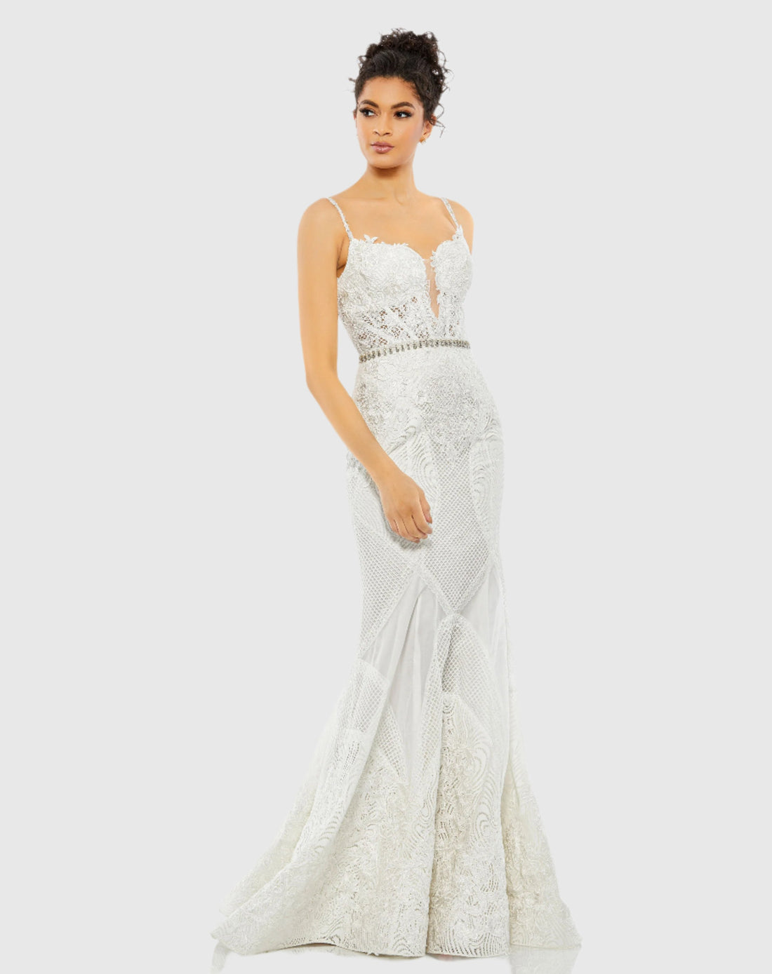 Embroidered Sleeveless Plunge Neck Trumpet Gown