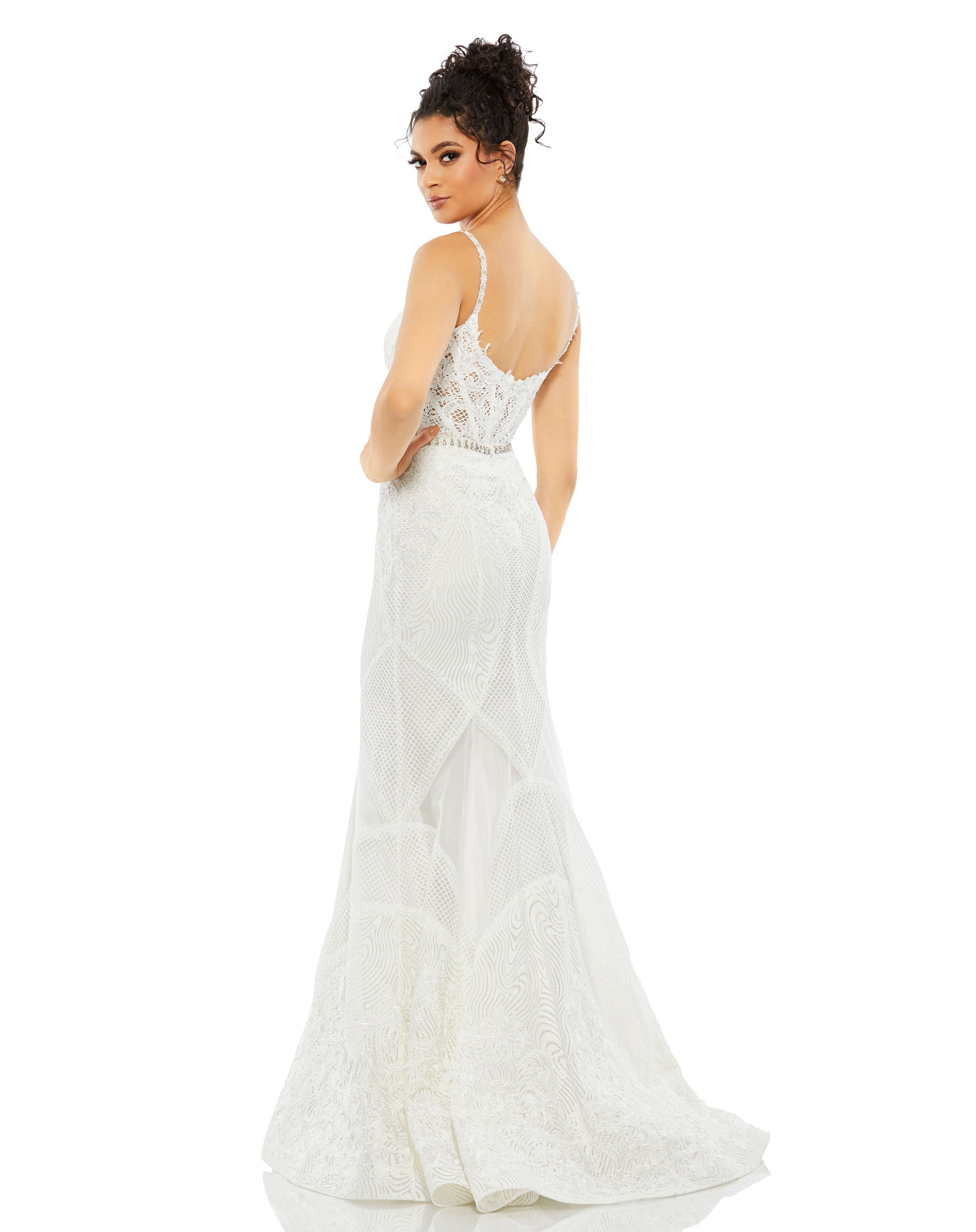 Embroidered Sleeveless Plunge Neck Trumpet Gown