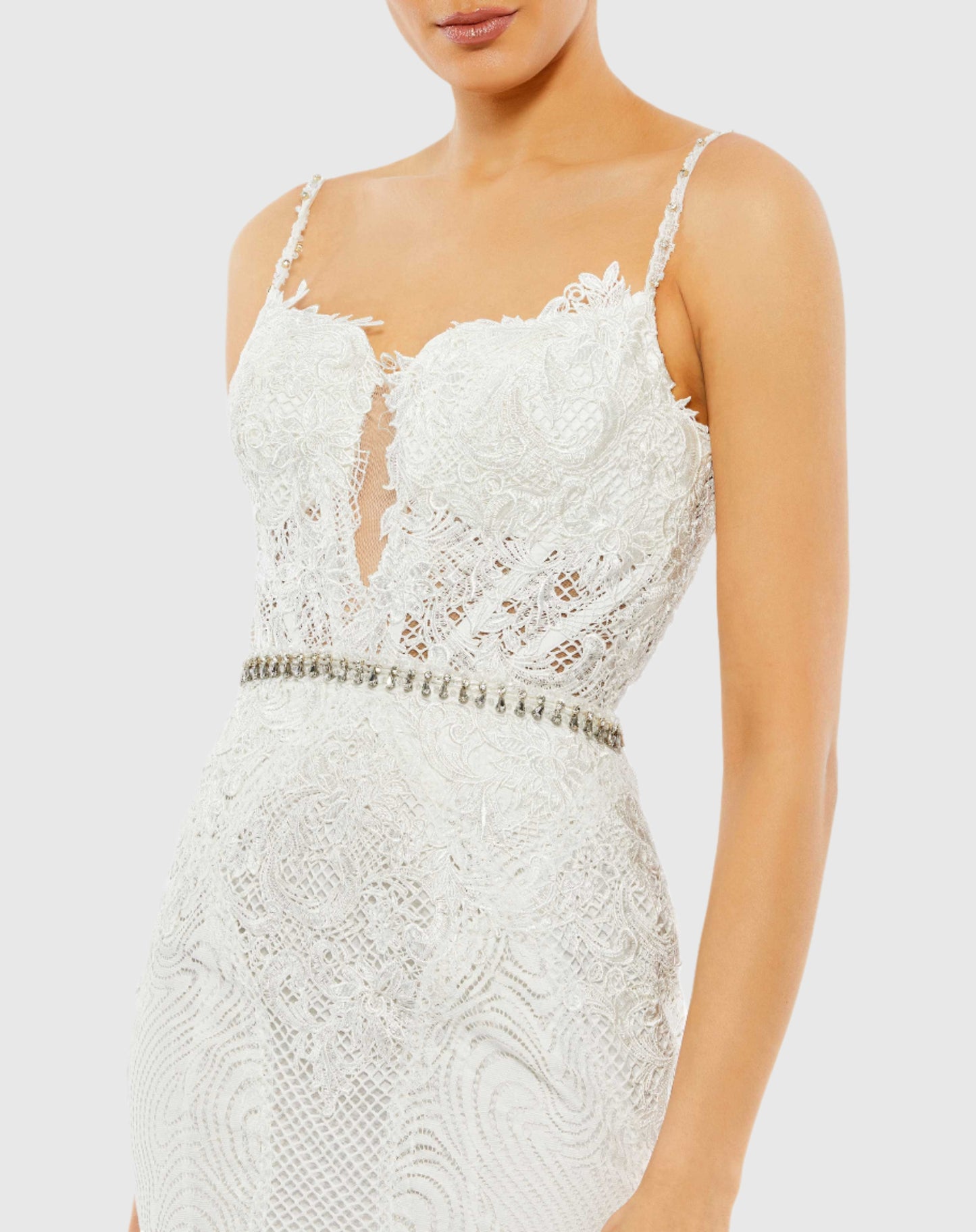 Embroidered Sleeveless Plunge Neck Trumpet Gown