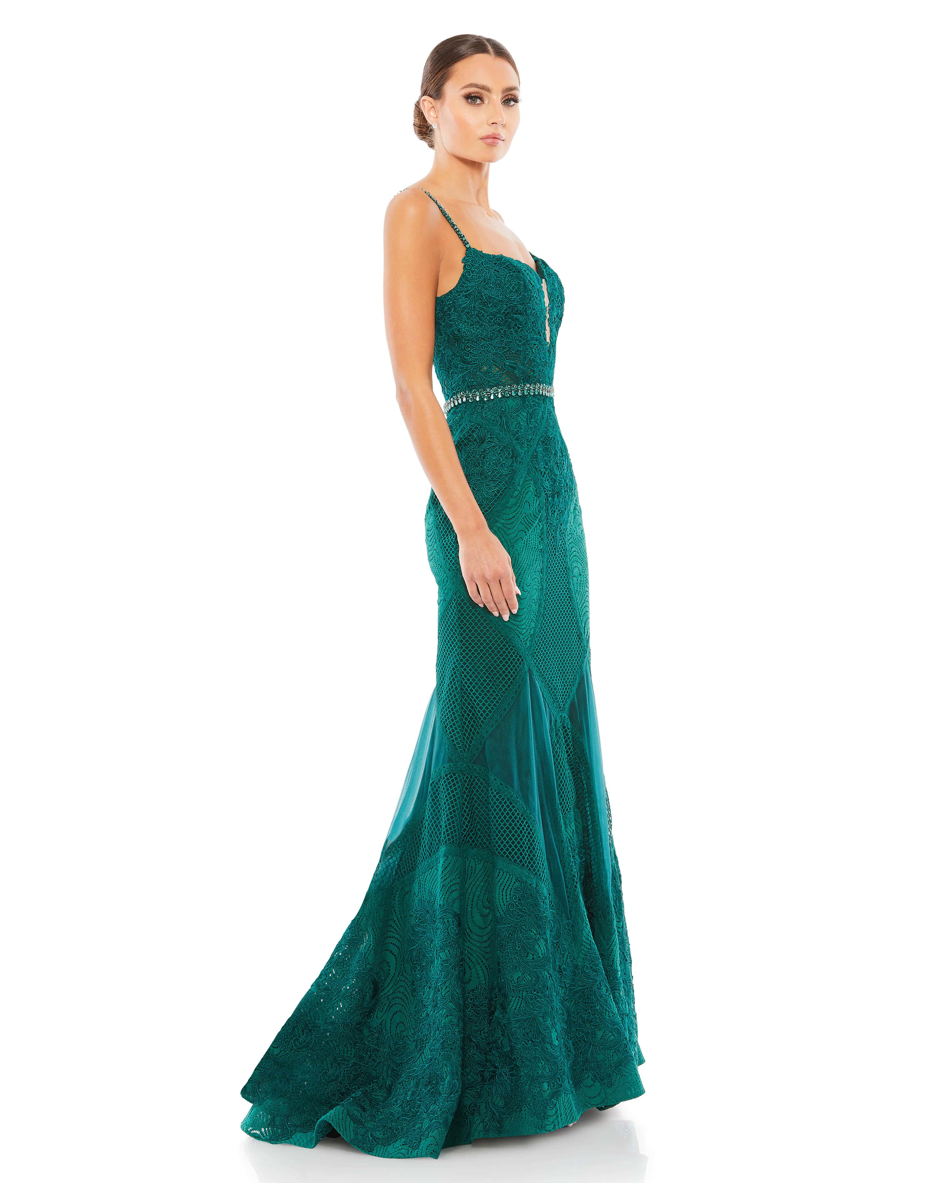 Embroidered Sleeveless Plunge Neck Trumpet Gown