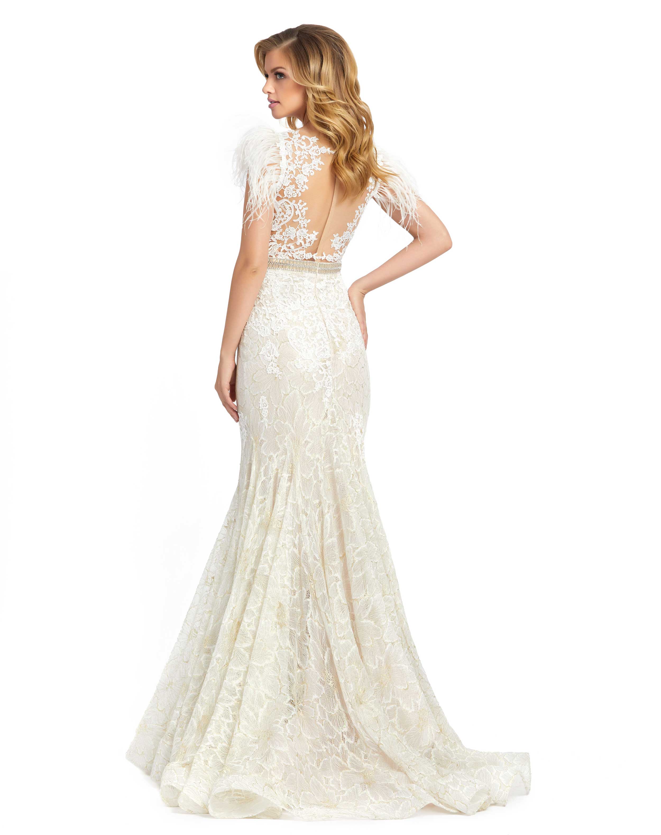 Embellished Feather Cap Sleeve Illusion Neck Trumpet Gown