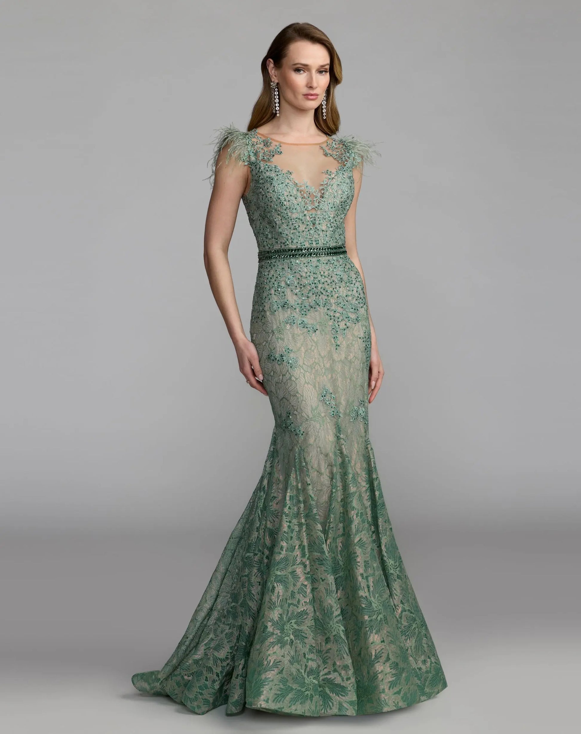 Mac Duggal Women's Embellished Feather Cap Sleeve Illusion Neck Trumpet Gown - Green - Size 8 - Sage Mac Duggal Women's Embellished Feather Cap Sleeve Illusion Neck Trumpet Gown - Green - Size 8 - Sage
