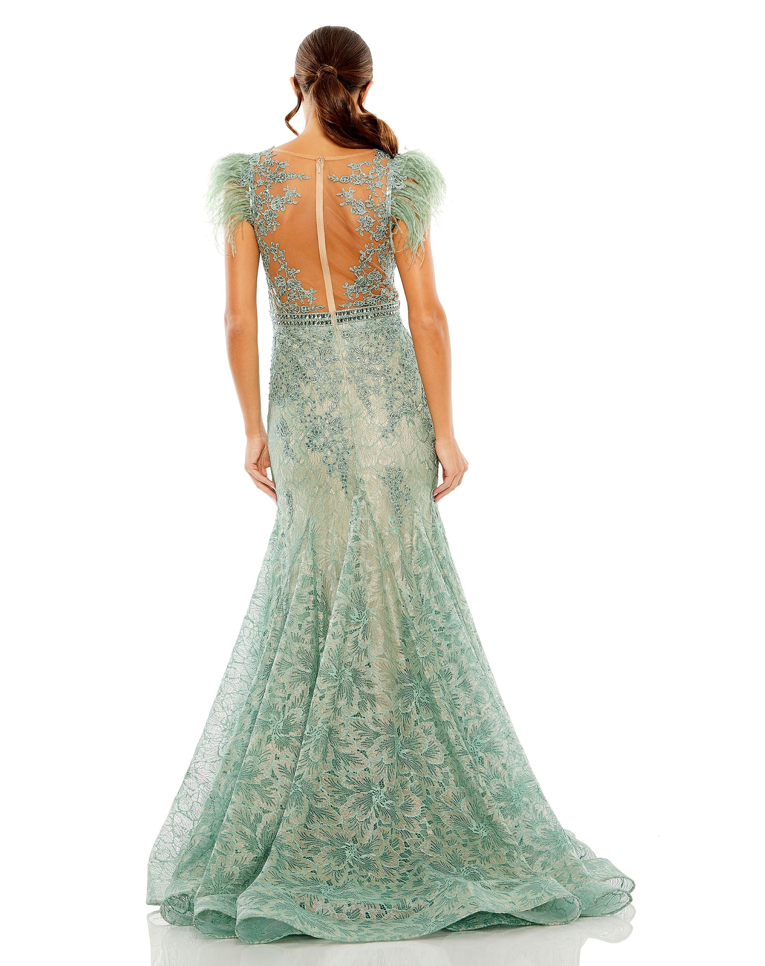Embellished Feather Cap Sleeve Illusion Neck Trumpet Gown