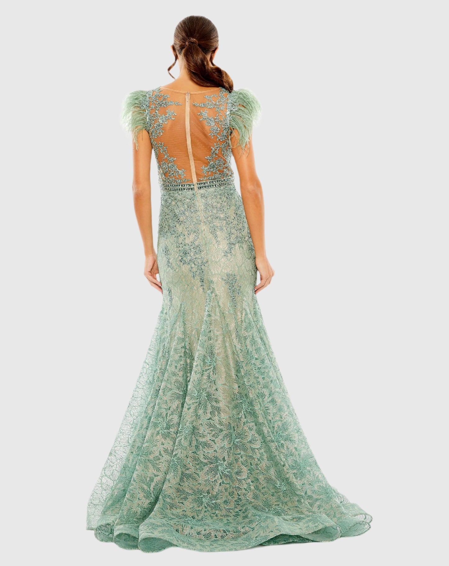 Embellished Feather Cap Sleeve Illusion Neck Trumpet Gown