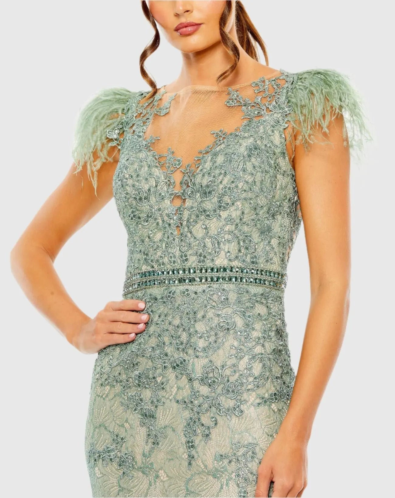 Green Embellished Feather Cap Sleeve Illusion Neck Trumpet Gown - Mac Duggal