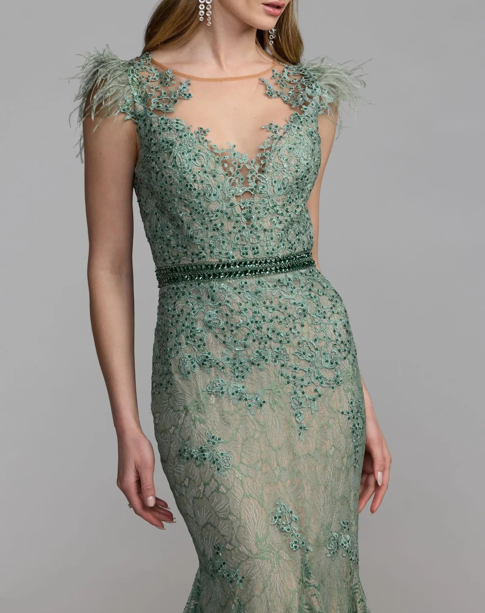 Green Embellished Lace High Neck Gown With Feather Sleeves - Mac Duggal