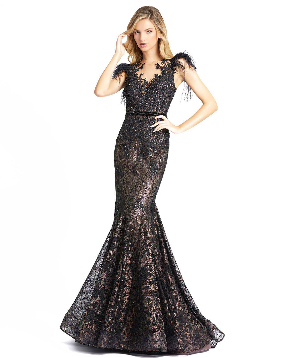 Embellished Feather Cap Sleeve Illusion Neck Trumpet Gown – Mac Duggal
