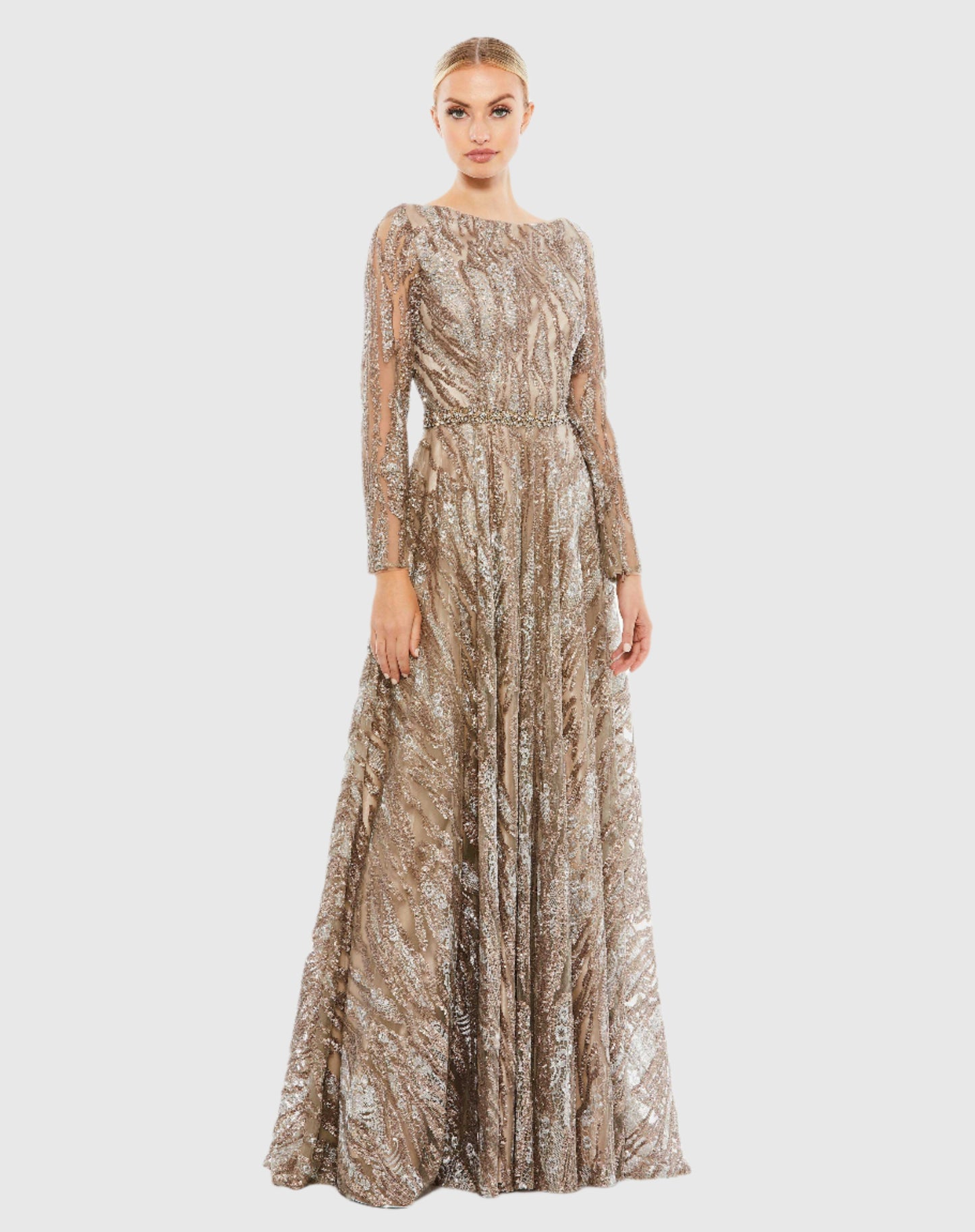 Sequin Long Sleeve Bateau A Line Gown